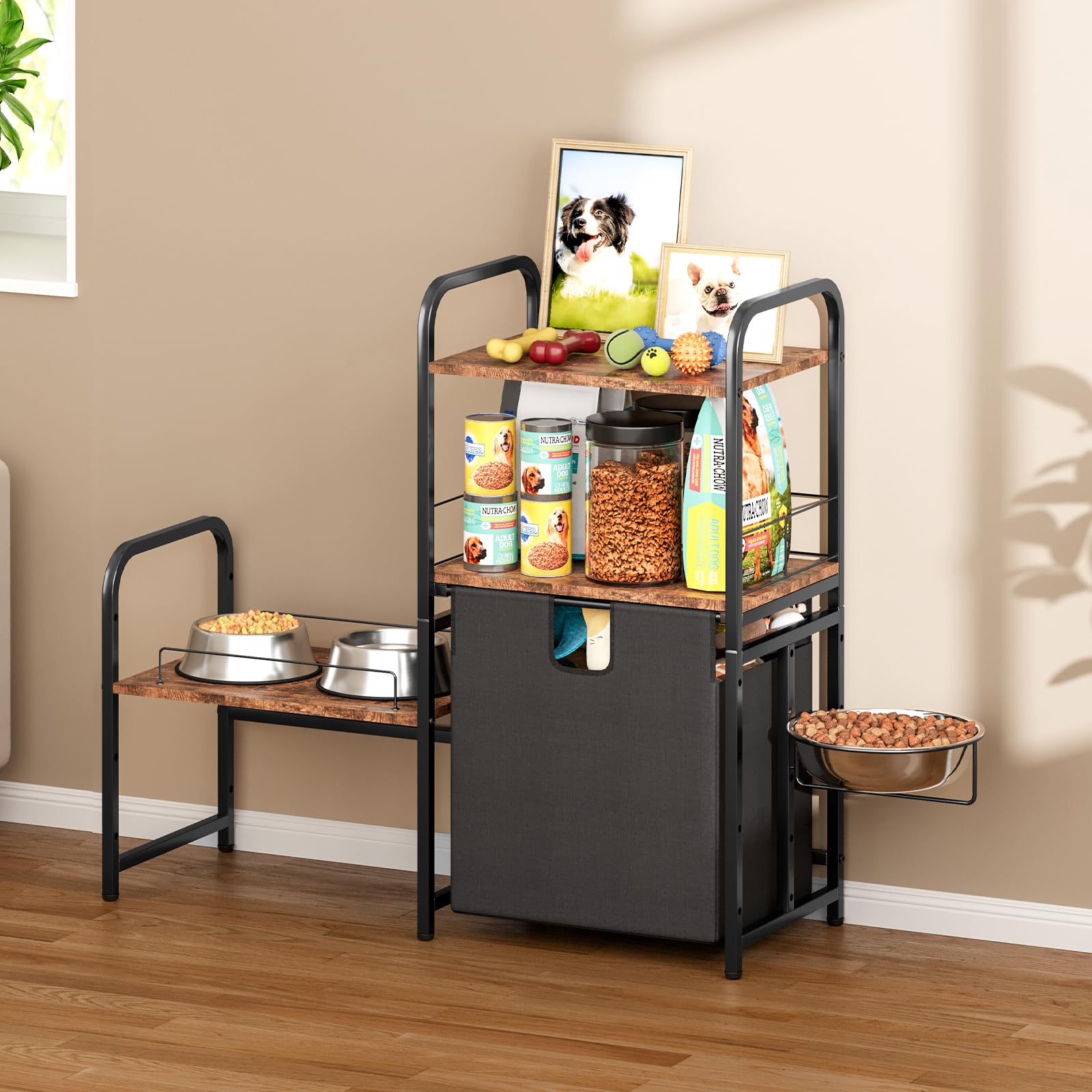 Dog Feeding Station With Single Bowl And Storage Basket, Litail Elevated Dog Bowls For 3 Bowls, 4 Height Adjustable Raised Bowl 