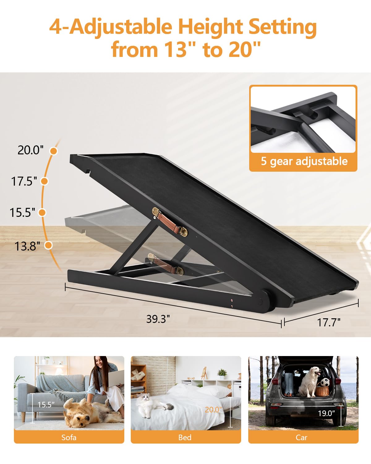 Meulbaty S-Sk Dog Ramp For Small Dog, Non-Slip Wooden Pet Ramp With Adjustable Height (13''-20''), Supports Up To 200Lbs, Black