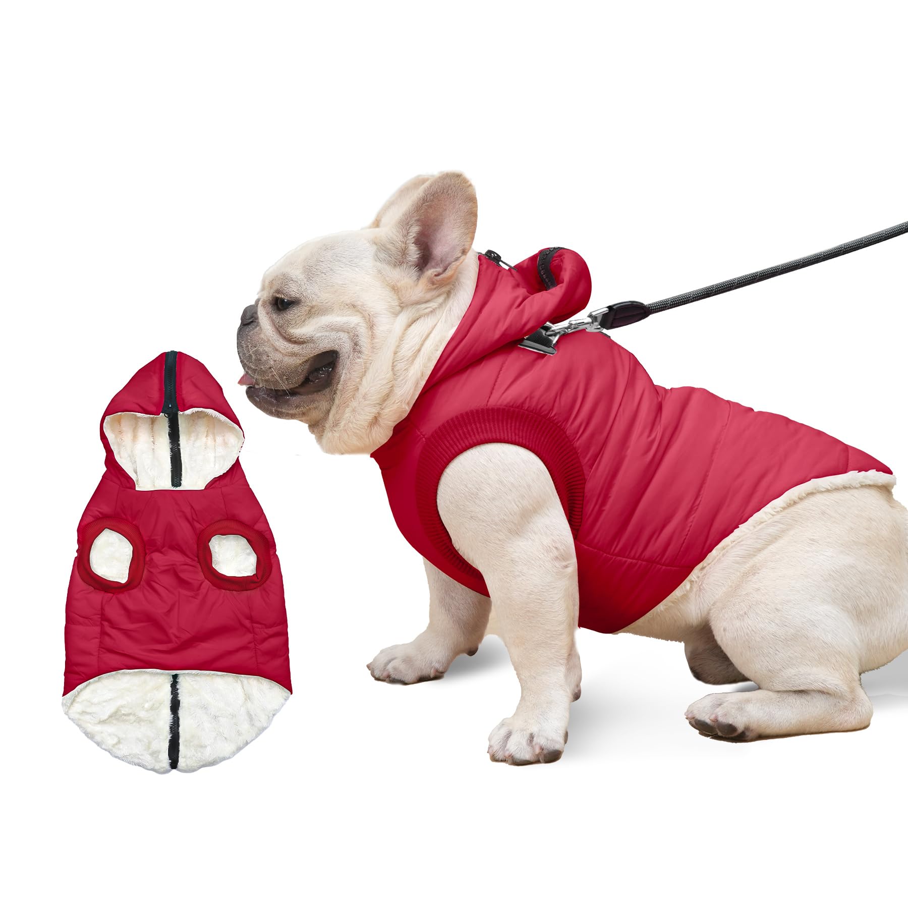 Vecomfy Fleece Lining Dog Hoodie With Harness Built In,Extra Warm Medium Dog Jacket In Winter Doggie Coats With Hooded,Red Xl