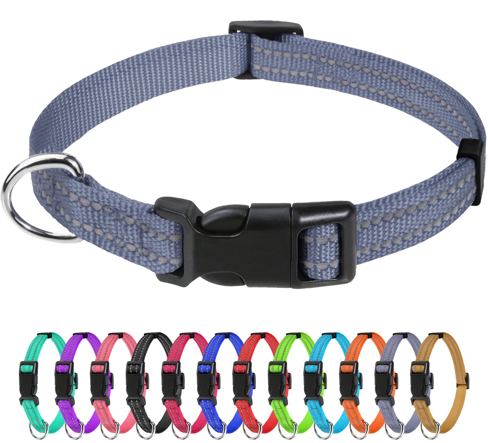 Tagme Reflective Nylon Dog Collars, Adjustable Classic Dog Collar With Quick Release Buckle For Small Dogs, Grey, 5/8' Width