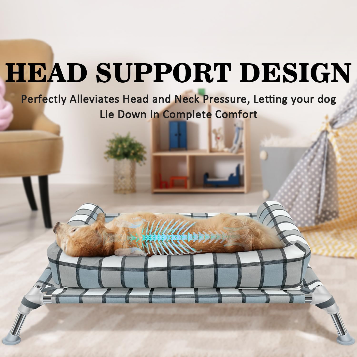 Elevated Raised Dog Bed Cot - Portable Washable Cooling Pet Bed With Metal Frame And Bolster For Indoor & Outdoor Use