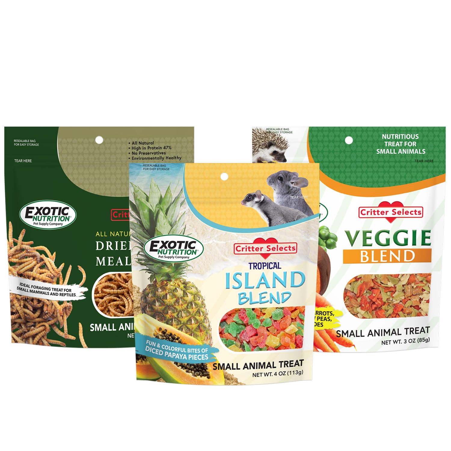 Treat Assortment 3 Pack - Pet Treats with Mix of Dried Fruits, Dried Insects, & Other Crunchies - for Sugar Gliders, Hedgehogs, 