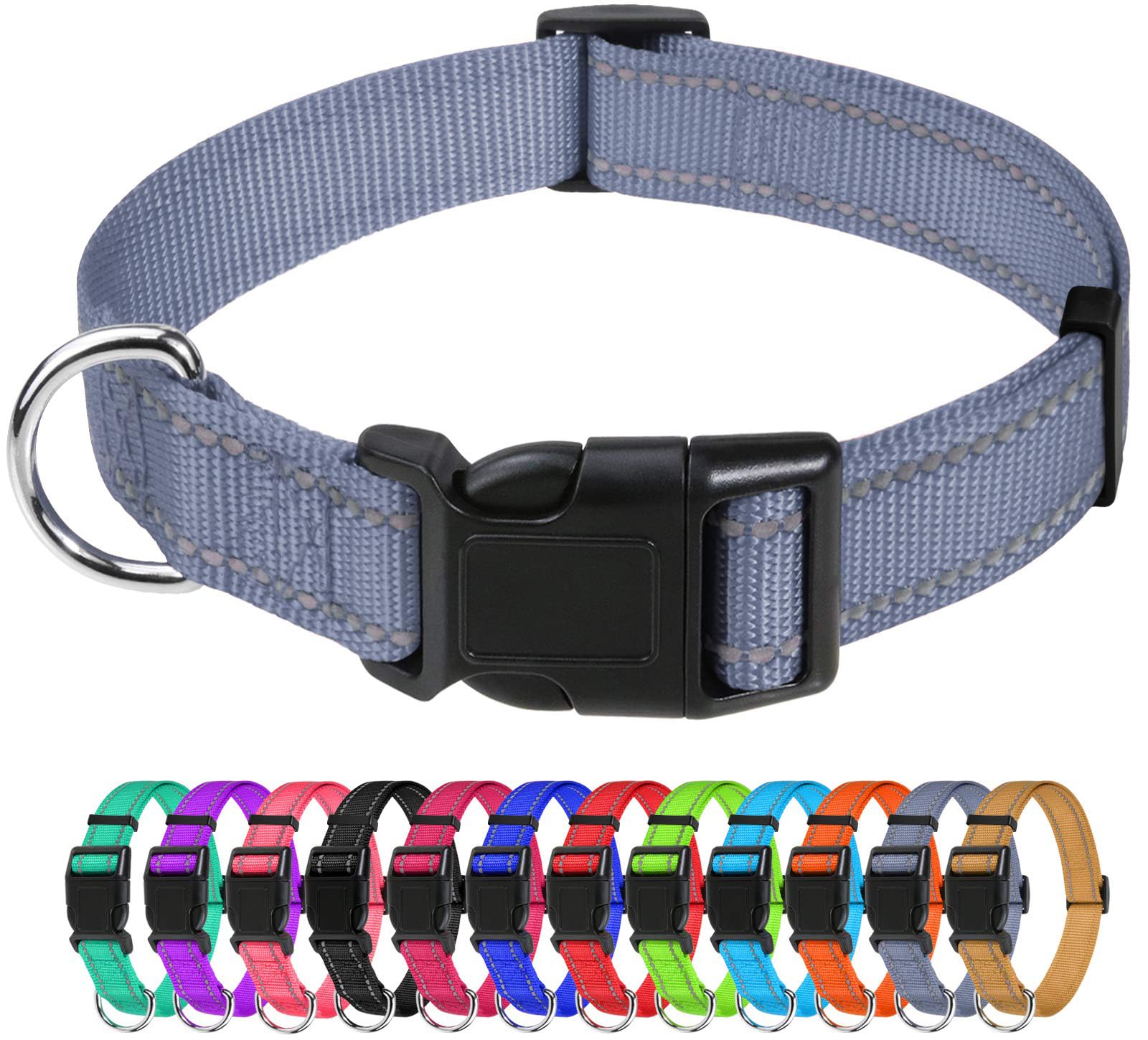 Tagme Reflective Nylon Dog Collars, Adjustable Classic Dog Collar With Quick Release Buckle For Large Dogs, Grey, 1.0' Width
