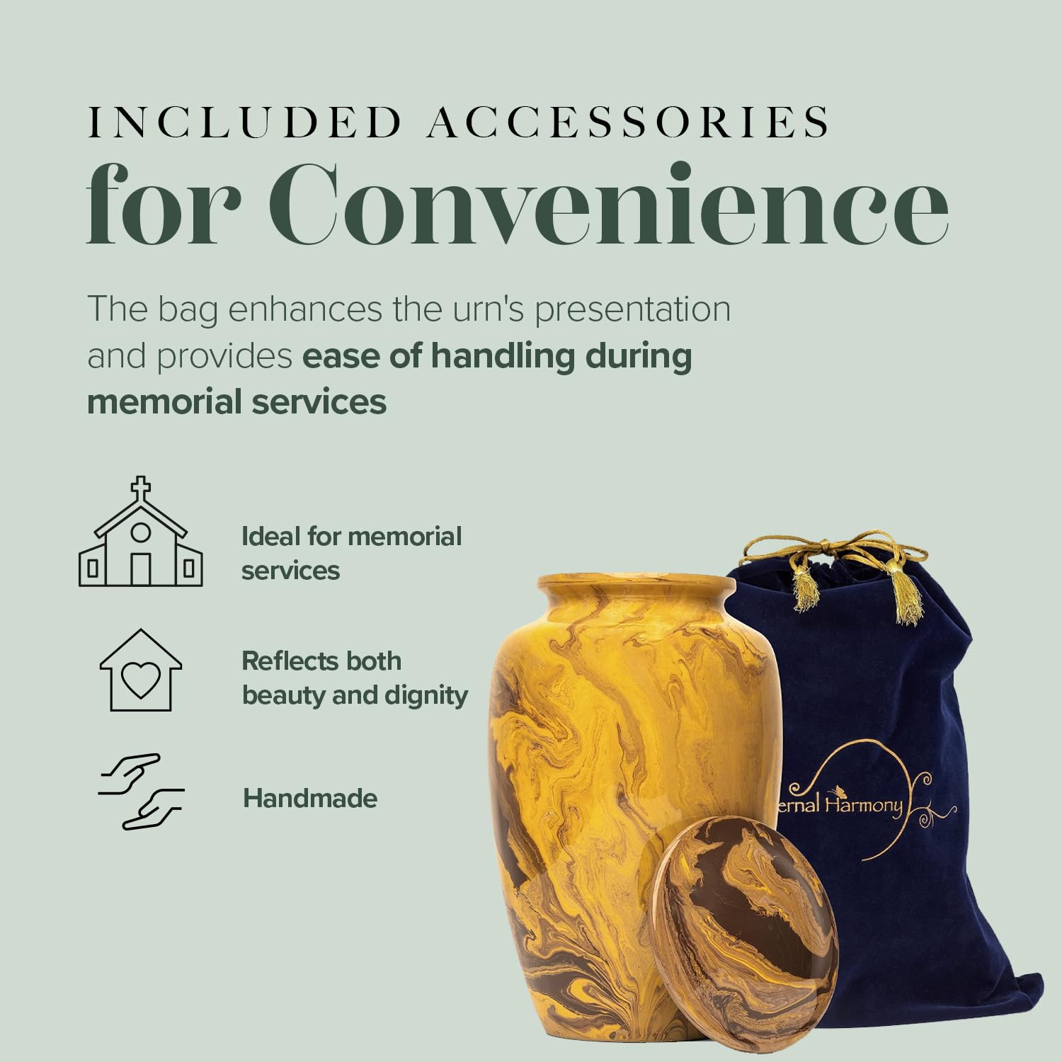 Eternal Harmony Large Urn For Ashes, Adult Male & Female Cremation Urn For Human Ashes With Elegant Finishes, Secure Seal & Velvet Bag, Funeral Urn For Men & Women Up To 200 Lbs, 7”X11” (Gold Milo)