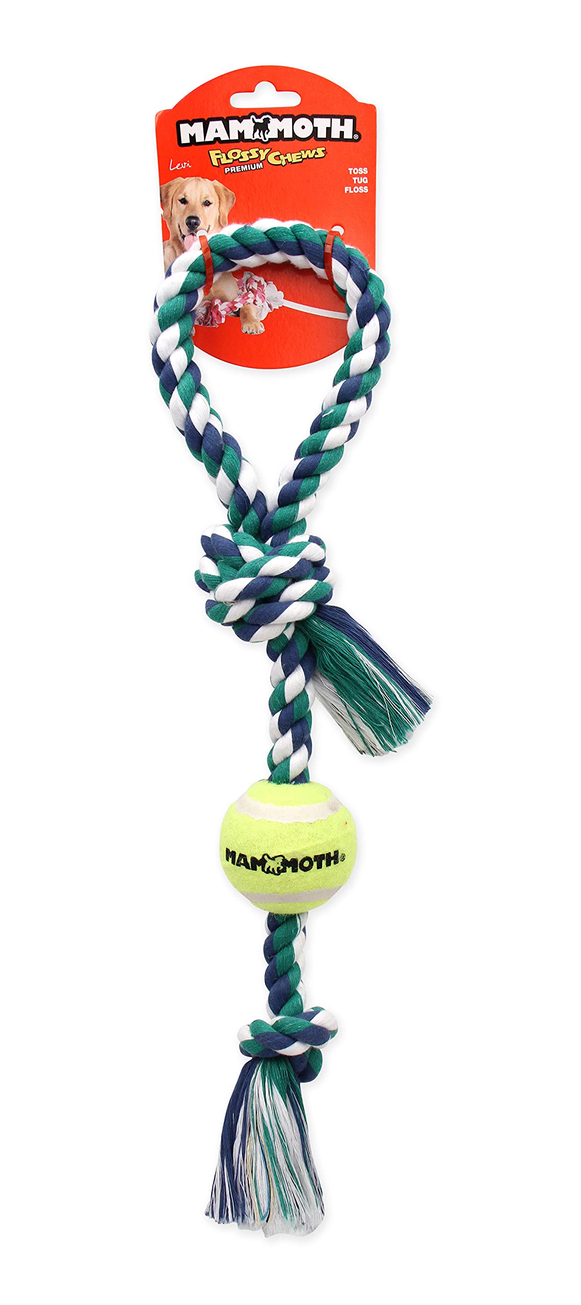 Mammoth Flossy Chews Color 3 Knot Tug With Tennis Ball Premium Cotton-Poly Tug Toy For Dogs Interactive Dog Tug Toy Rope Dog Toy With Tennis Ball For Small To Medium Dogs Medium 20' - Assorted Colors