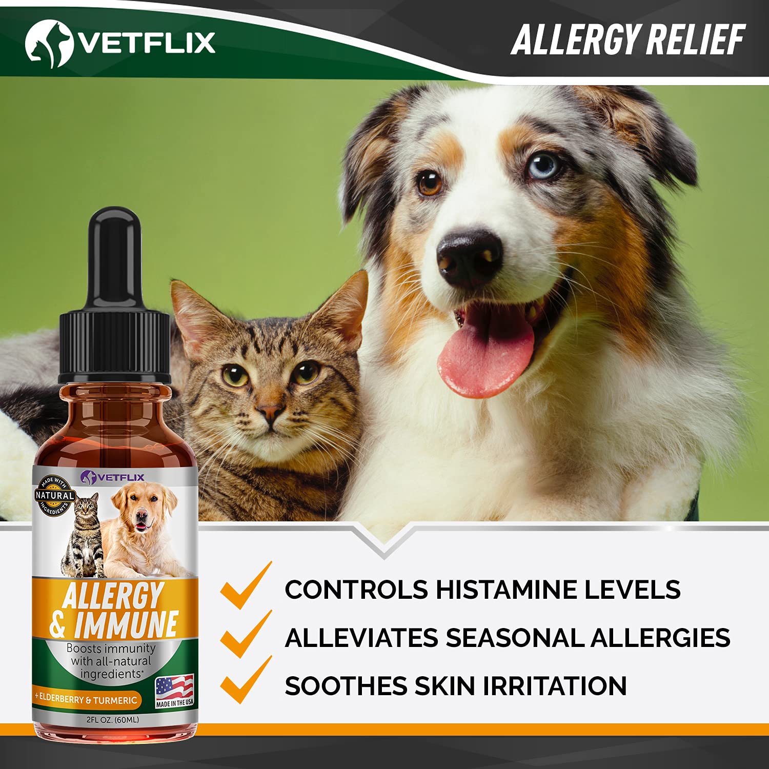 Allergy Immune Anti Itch & Hot Spots - Made in USA Natural Pet Supplement for Cat & Dog Allergy Relief with Turmeric & Milk This
