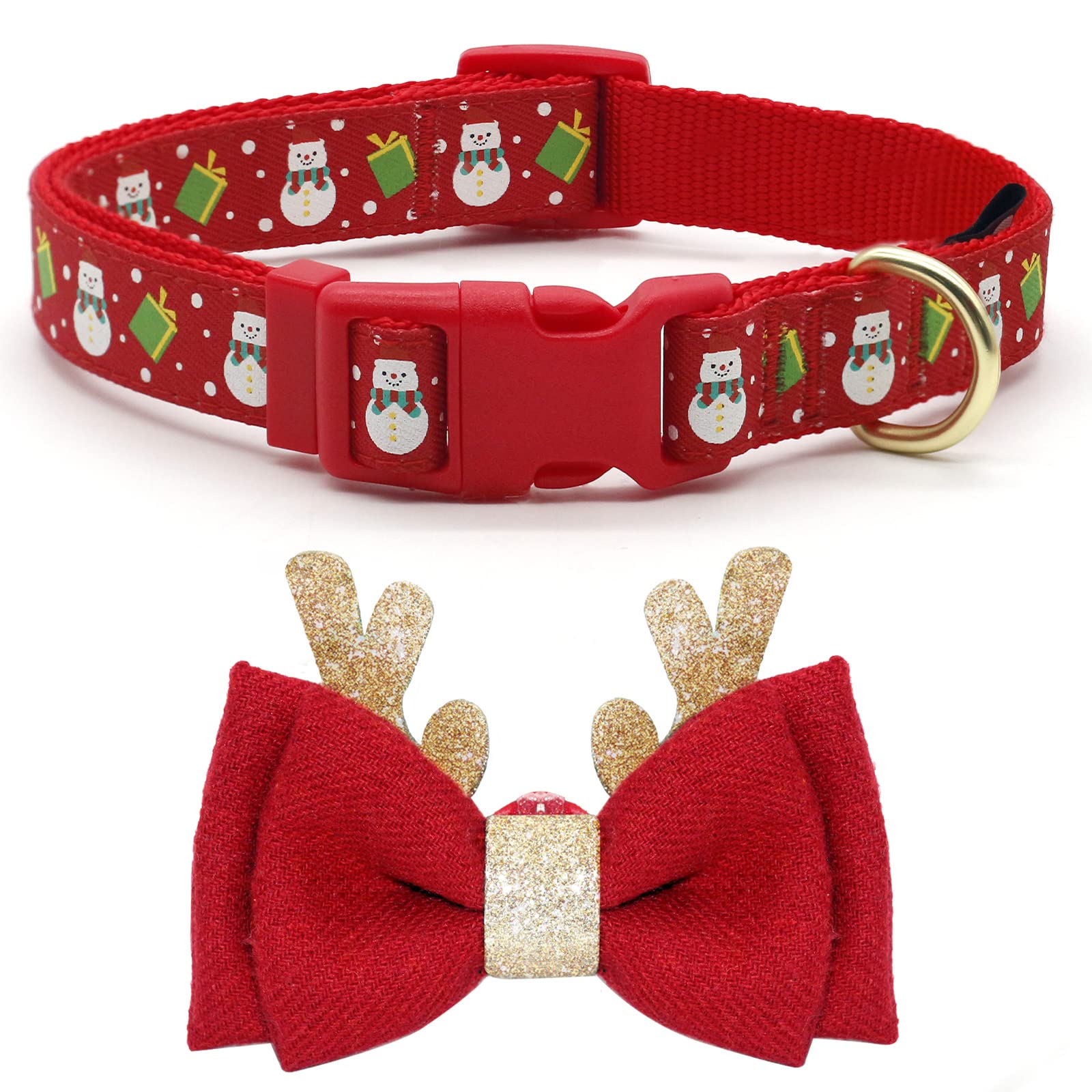 Azuza Christmas Dog Collar Adjustable Xmas Dog Collar With Christmas Antler Bow Tie Accessories Snowman Dog Collar For Medium Dogs
