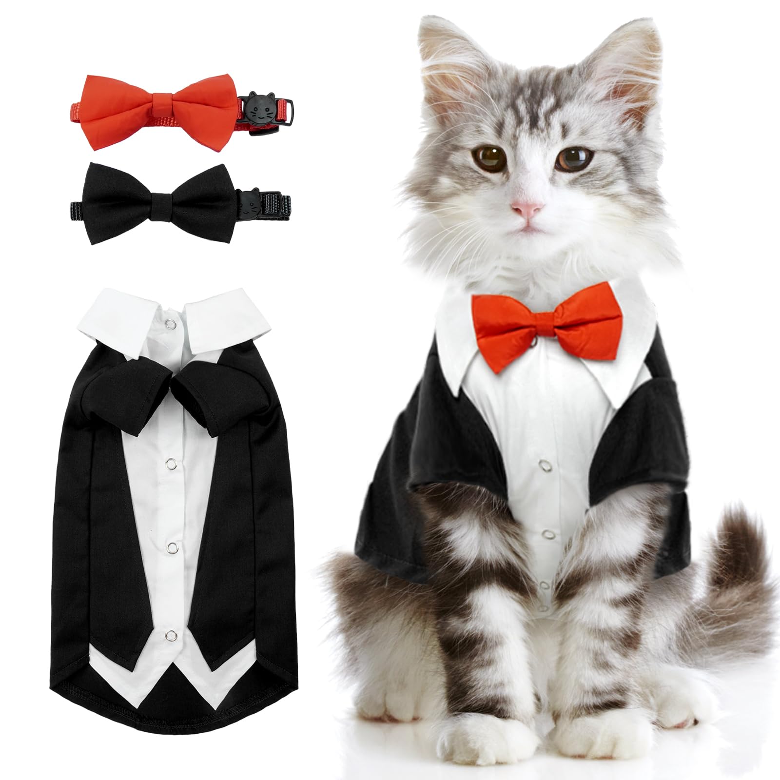 Dentrun Tuxedo Suit With Two Bow Tie, Stylish Cat Shirt Formal Outfit, Hairless Cat Fashion Apparel Fancy Clothes, Kitten Formal