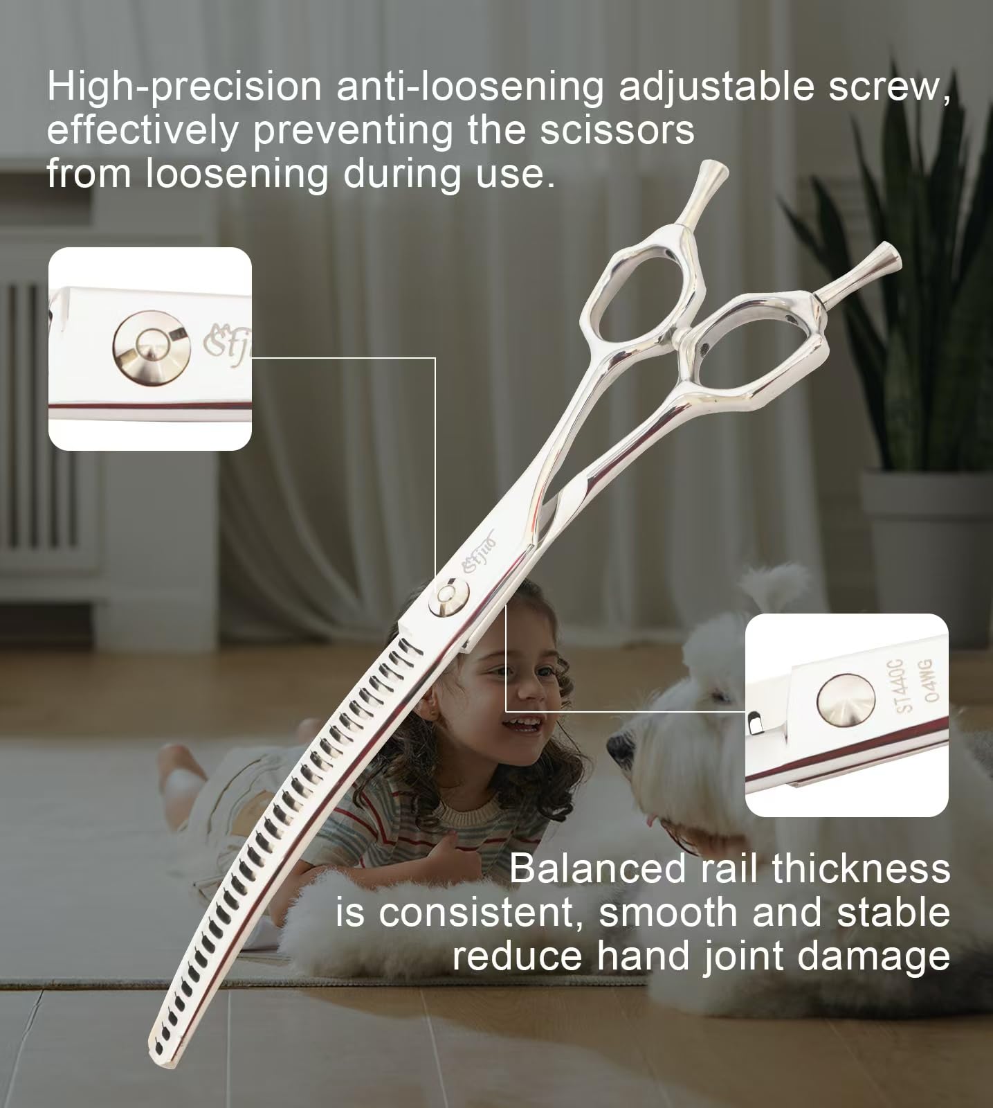 Stjuo Professional Dog Grooming Scissors, Japanese 440C Stainless Steel, 62 Hrc Hardness, Curved Chunker