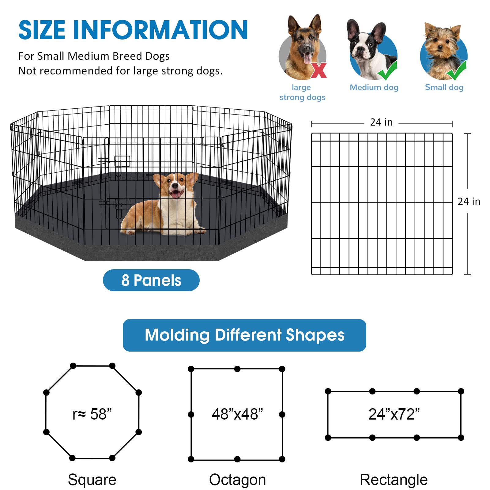 Dog Pen Pet Playpen Dog Fence Indoor Foldable Metal Wire Exercise Puppy Play Yard Pet Enclosure Indoor Outdoor 8 Panels 24 Inch