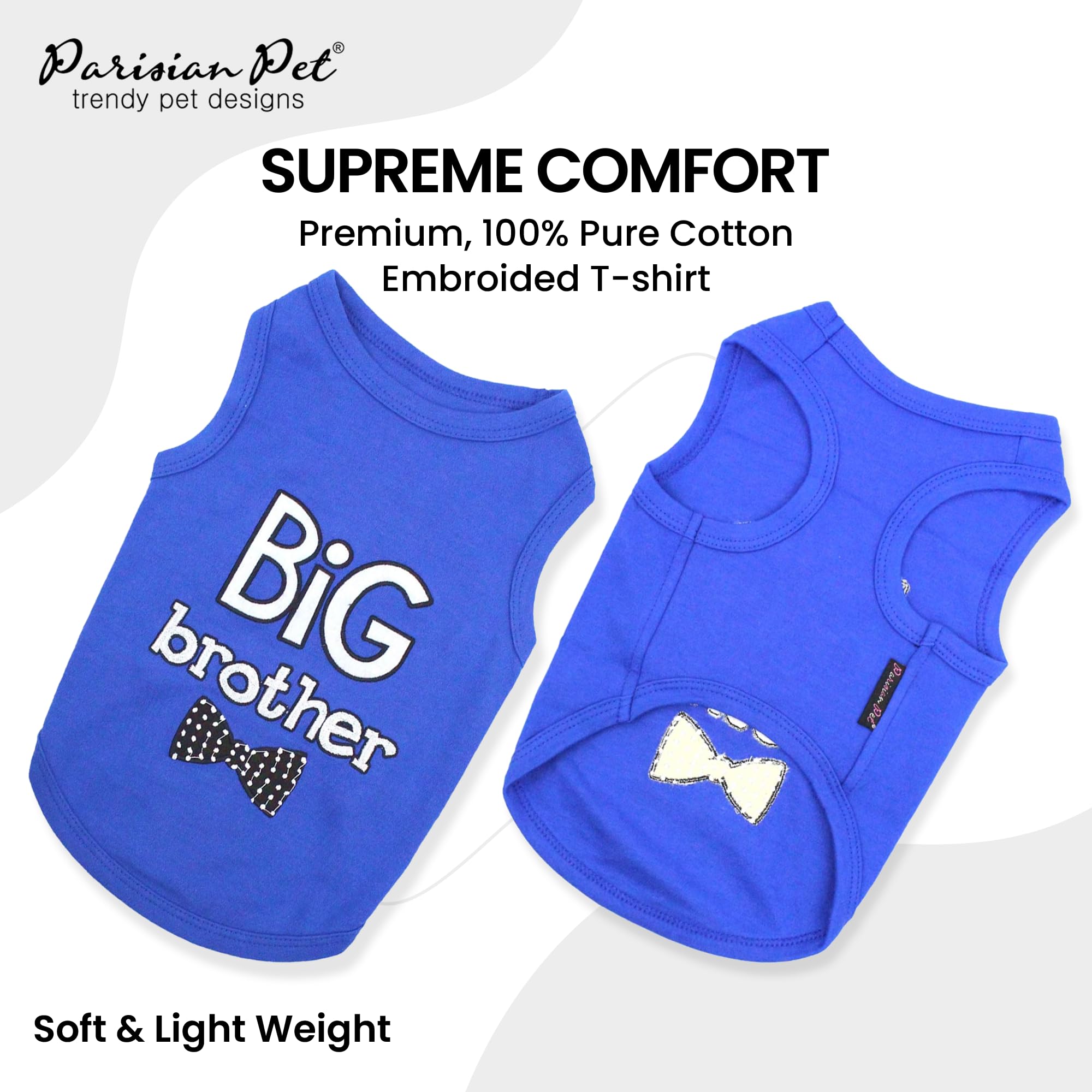 Parisian Pet Dog T-Shirt With Embroidered ' Big Brother ' Words - 100% Cotton, Big Brother Dog Shirt - Sleeveless Pet Vest - Machine Washable Blue Dog Shirt For Large Dogs, 2Xl