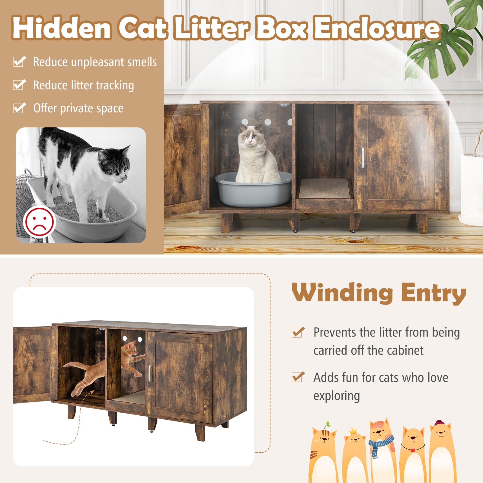 Petsite Litter Box Enclosure For 2 Litter Boxes, Hidden Cat Washroom Tv Stand End Table With 2 Cabinet, Scratching Board, Indoor Cat Litter Furniture (Rustic Brown)