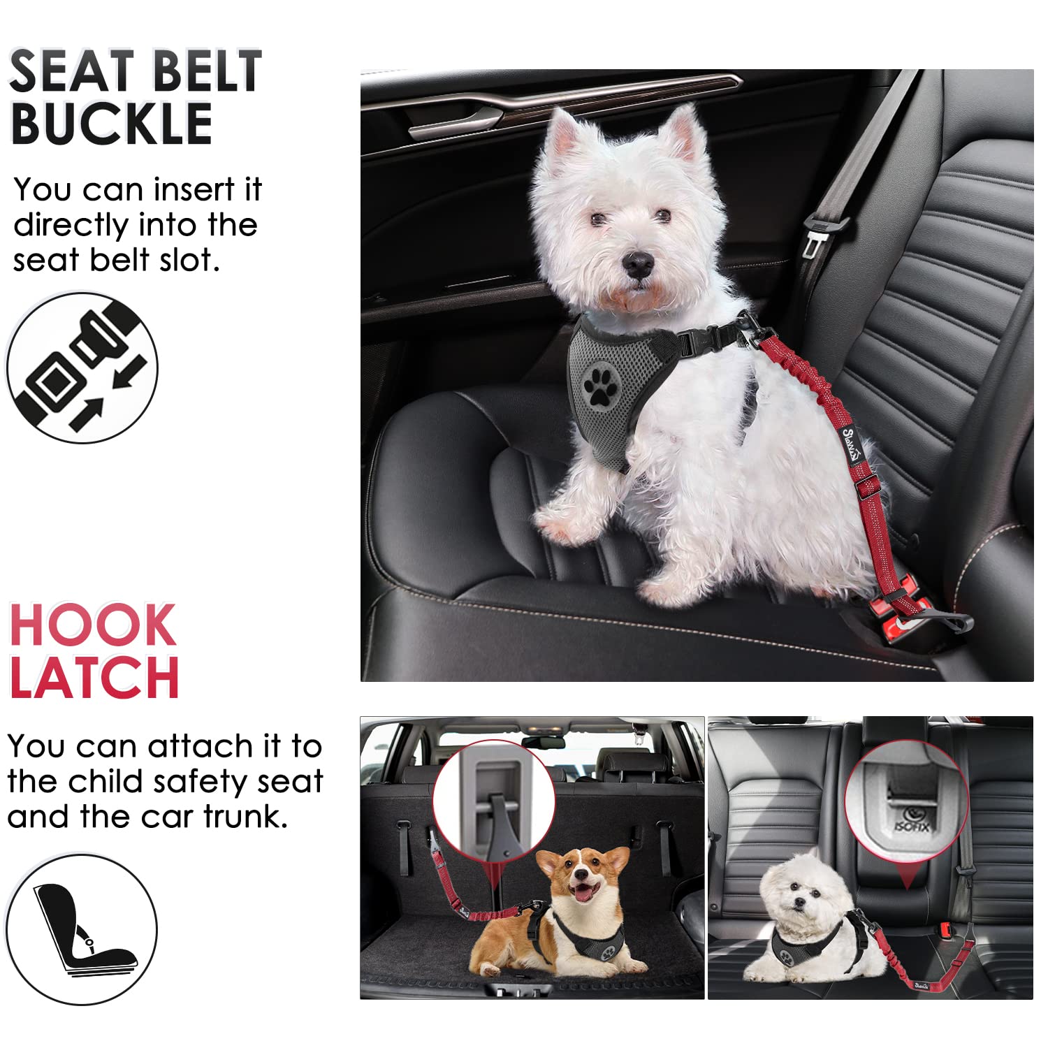 Slowton 2 Pack Dog Seat Belt, 2 In 1 Attachment, Hook Latch Bar Or Seatbelt Buckle With Elastic Nylon Bungee Buffer Adjustable Reflective Nylon Safety Belt Tether Connect To Dog Harness (2Pack-R)