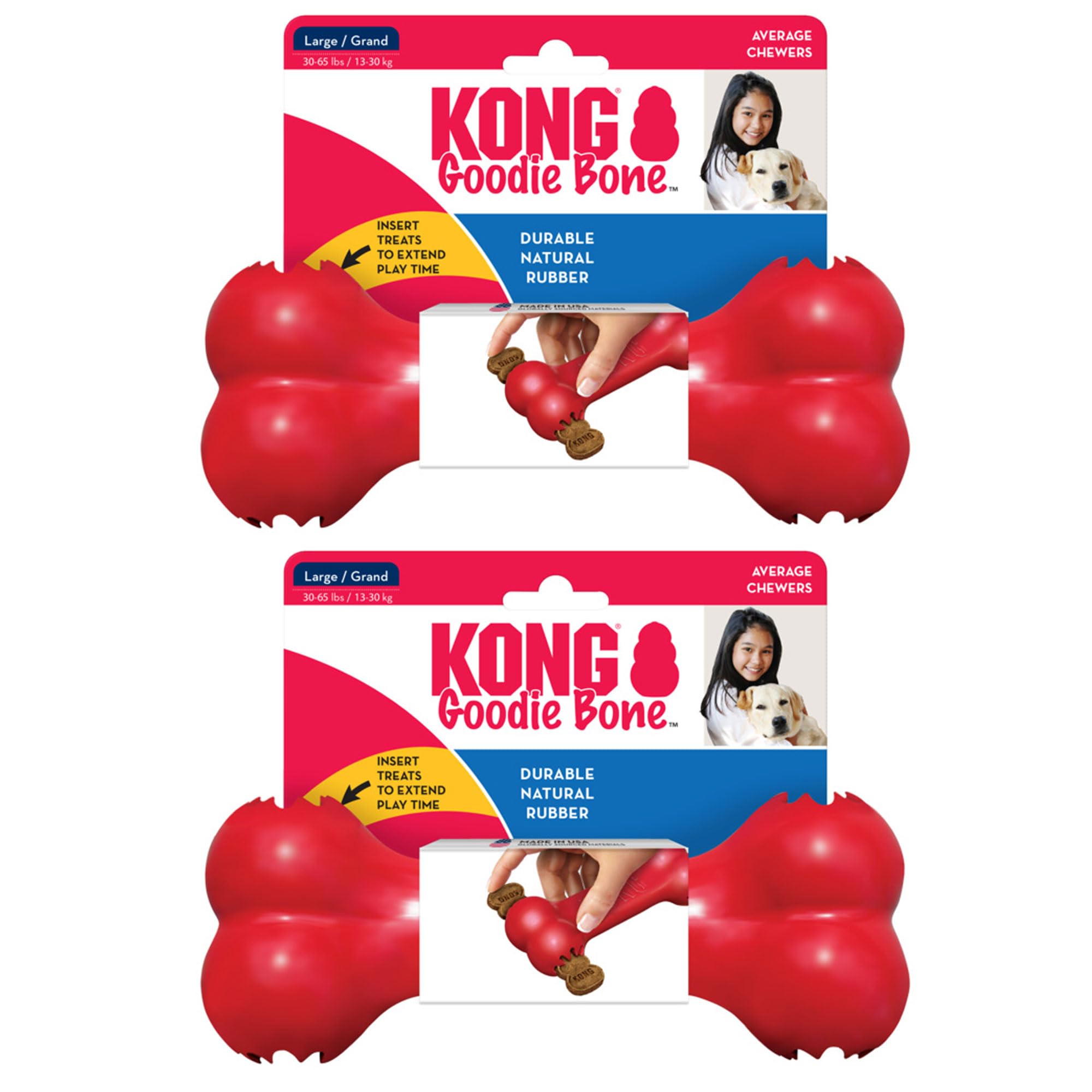 Kong Goodie Bone - Treat Dispensing Natural Rubber Bone - Red - For Large Dogs (2 Pack)