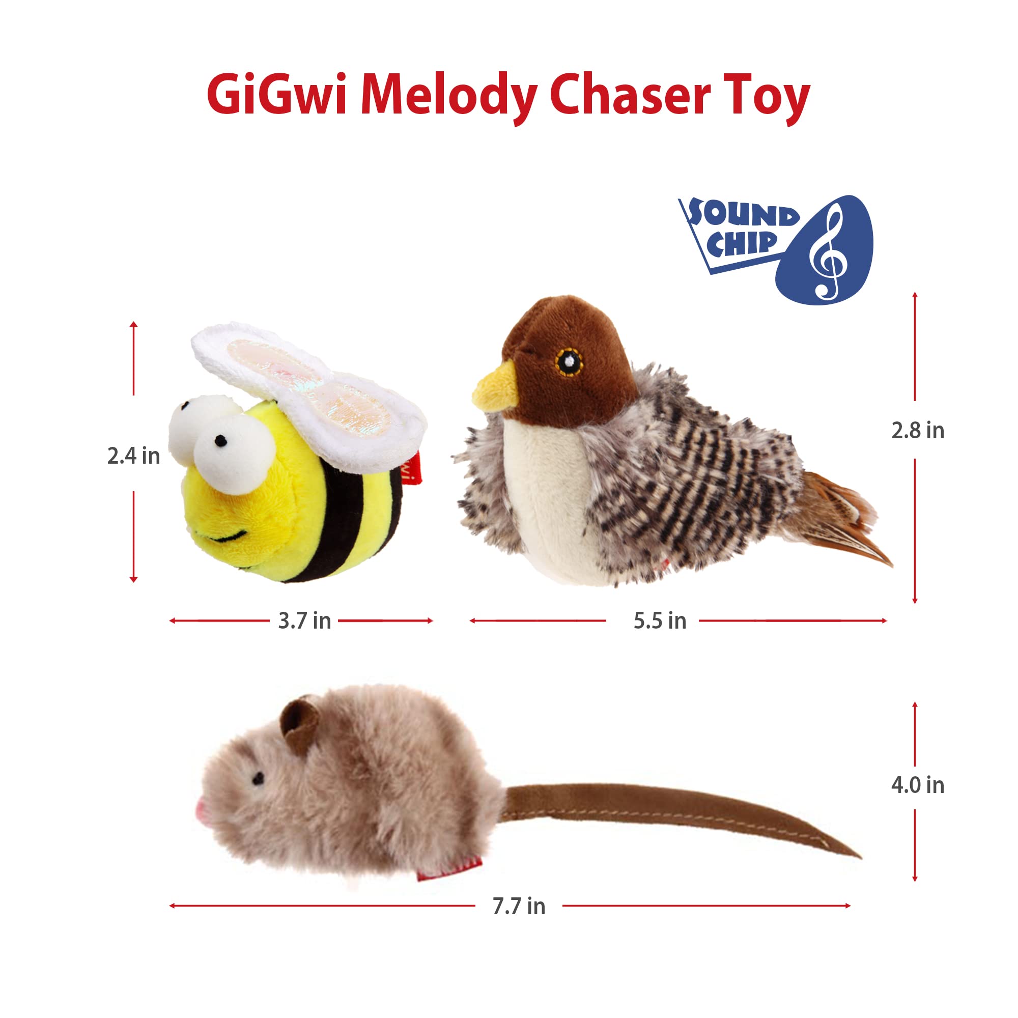 Gigwi Interactive Cat Toy Set, Squeaky Cat Feather Toys For Indoor Cats, 3Pcs Cat Plush Toy Pack Including Mouse Hunt Cat Toy, Cat Chase Bird Toy, Cat Chirping Bee Toy