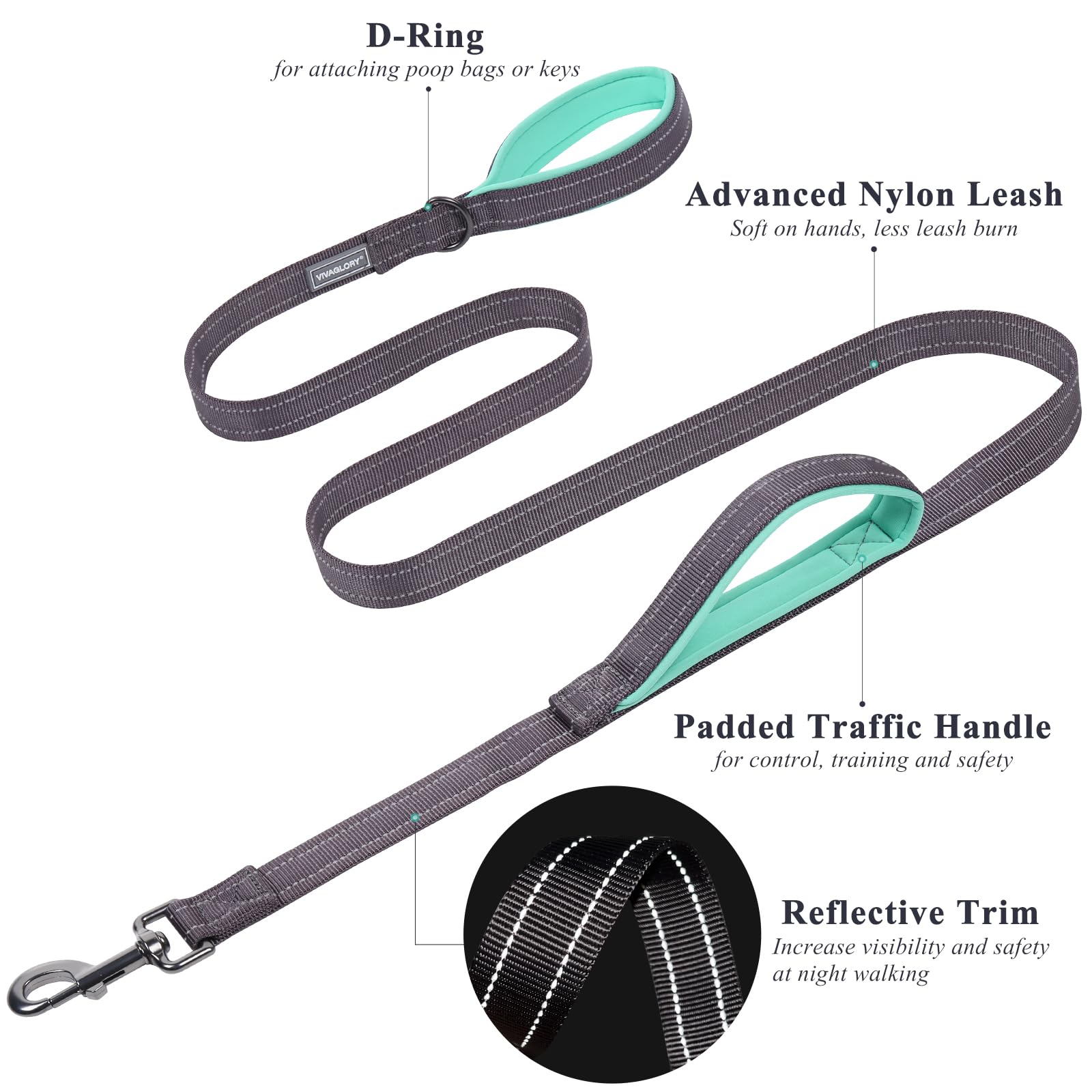 Vivaglory Traffic Handle Dog Leash, Two Padded Soft Handles Dog Leash, Strong Reflective & Metal Hook Training Dog Lead, Grey