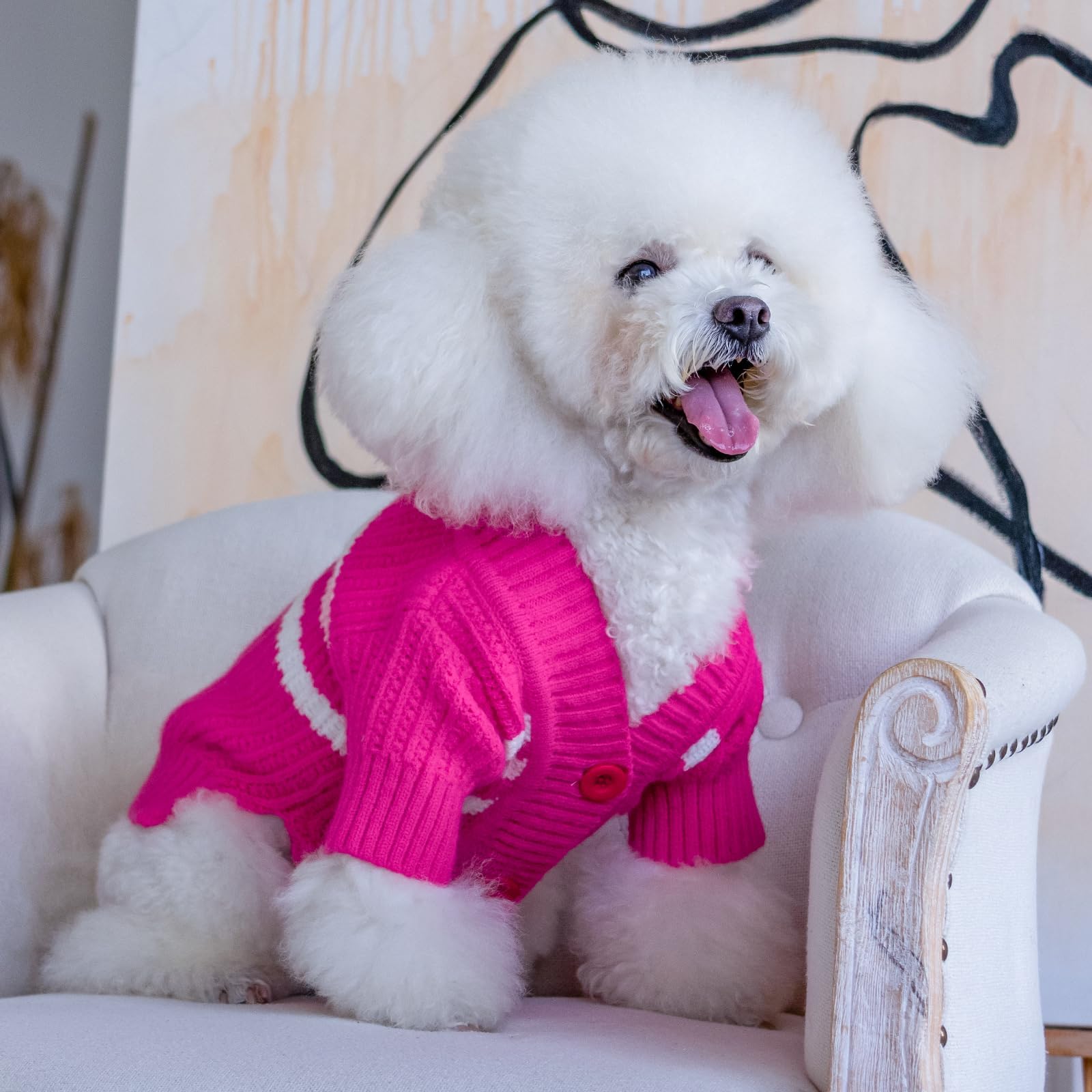 Cutebone Dog Striped Cardigan Sweater, Knitted Pink Dog Winter Clothes For Small Dogs Boy Girl, V-Neck Pet Cat Outfit, Small Siz