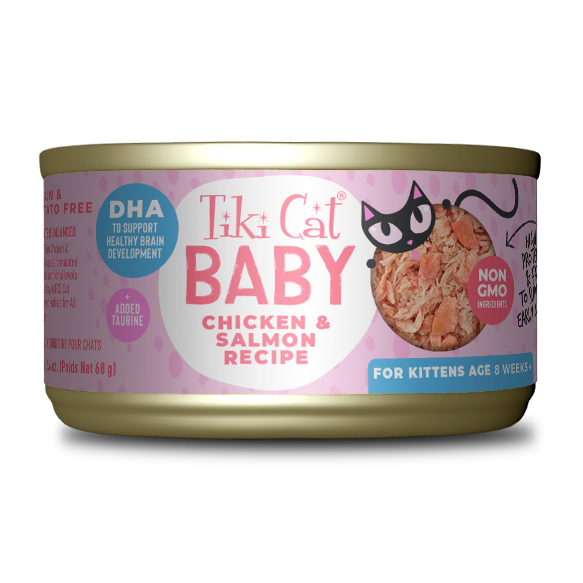 Tiki Cat Baby, Chicken & Salmon, High-Protein and 100% Non-GMO Ingredients, Wet Cat Food for Kittens 8 Weeks+, 2.4 oz. Cans (Pac