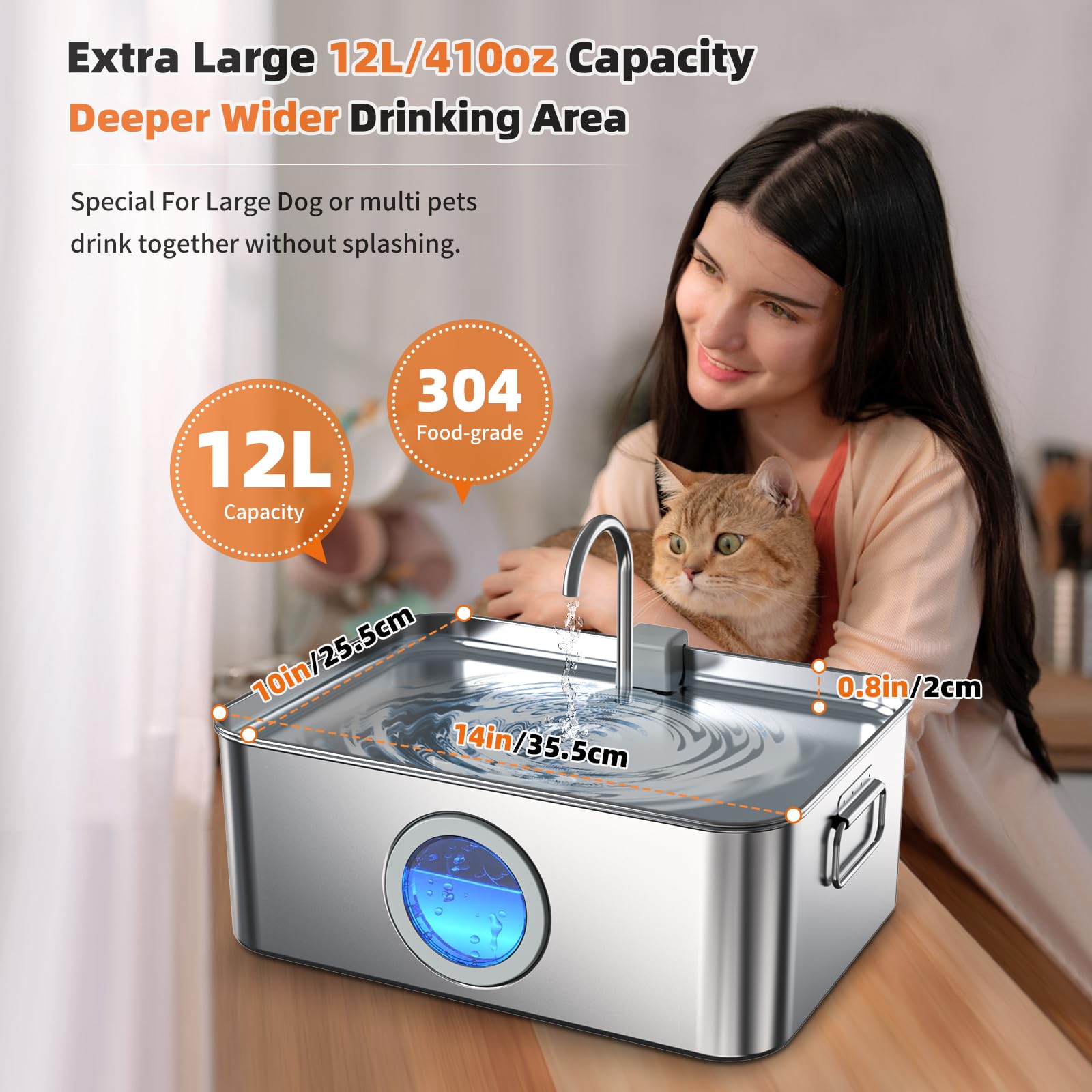 Dog Water Fountain Stainless Steel 12L/410Oz/3.2Gal, Dysj01 Ultra Quiet Pet Water Fountain For Large Dogs Cats & Multi-Pet Home