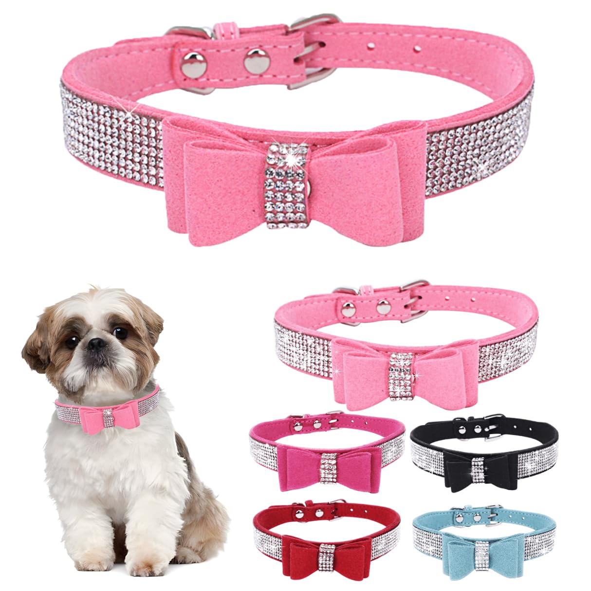 Pink Xs Dog Collar With Bowtie, Rhinestone Dog Collar Crystal Jeweled Pretty Girl Bows Cat Collars Sparkling Glitter For Xxs Xs 