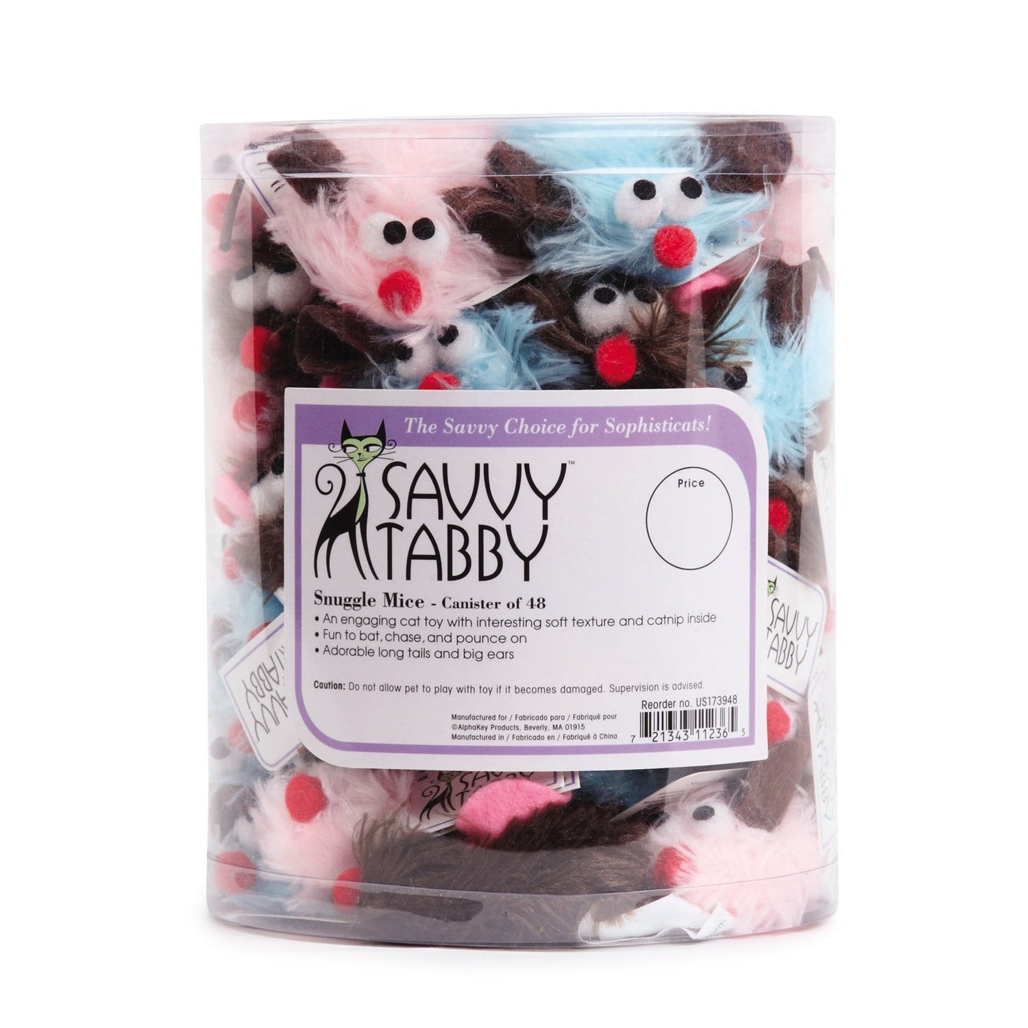 Savvy Tabby Polyester/Felt Snuggle Mice Cat Toys Canister, 48-Pack