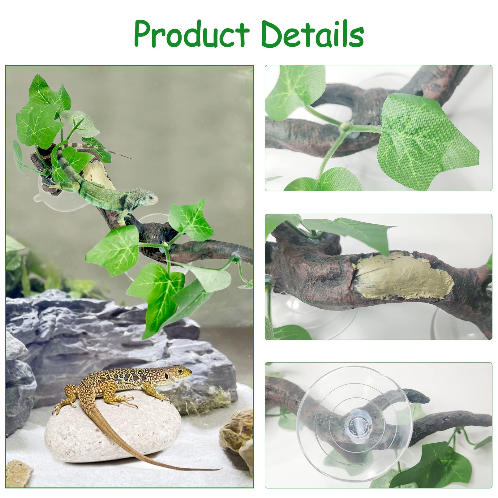 Fhiny 2 PCS Reptile Corner Branch, Resin Climb Tree Branch Decor with Leaves Tank Accessories Terrarium Plant Ornament with Suct
