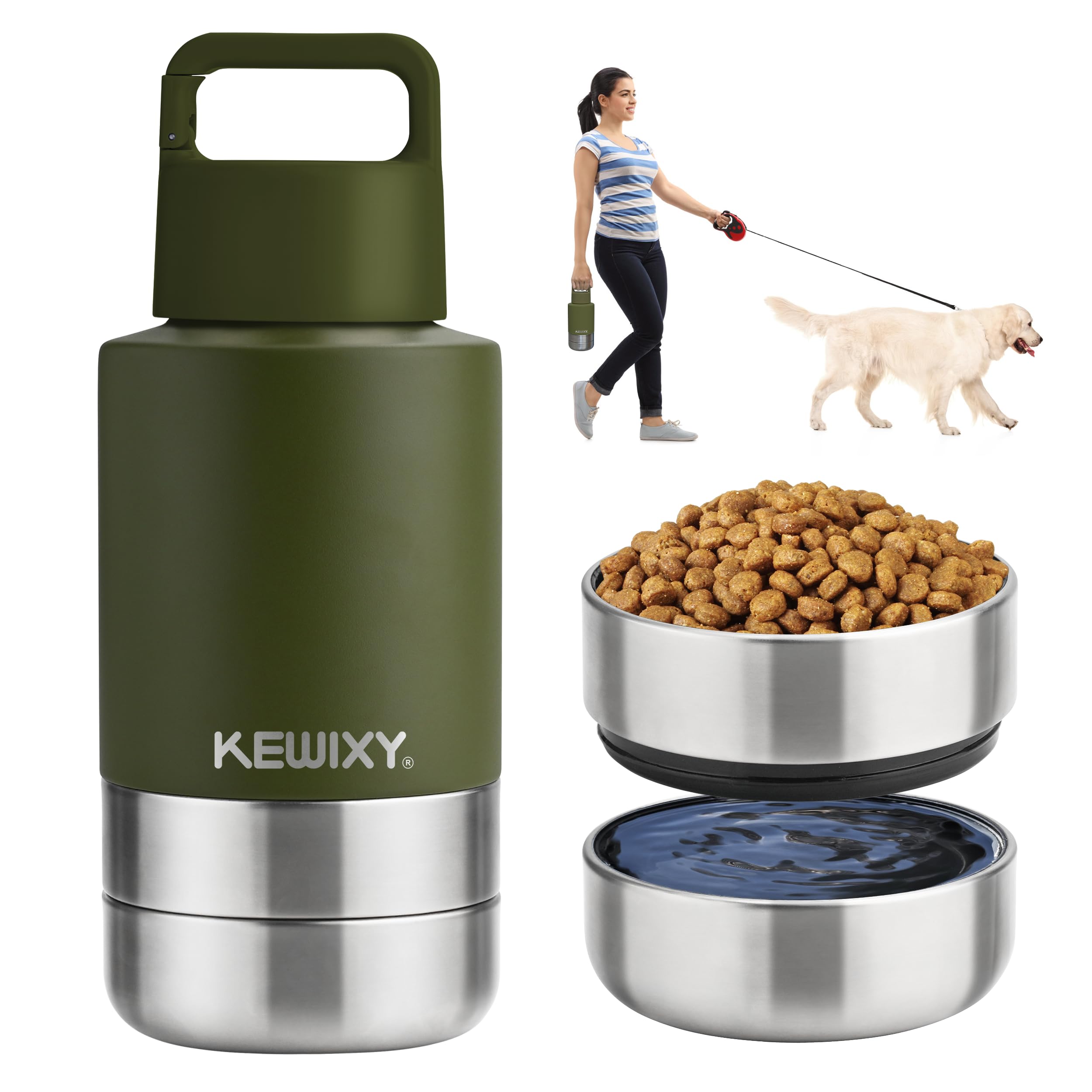 KEWIXY Insulated Dog Travel Water Bottle with Detachable Bowls, 3 in 1 Portable Dog Water Bottle Dispenser, Dog Accessories for 
