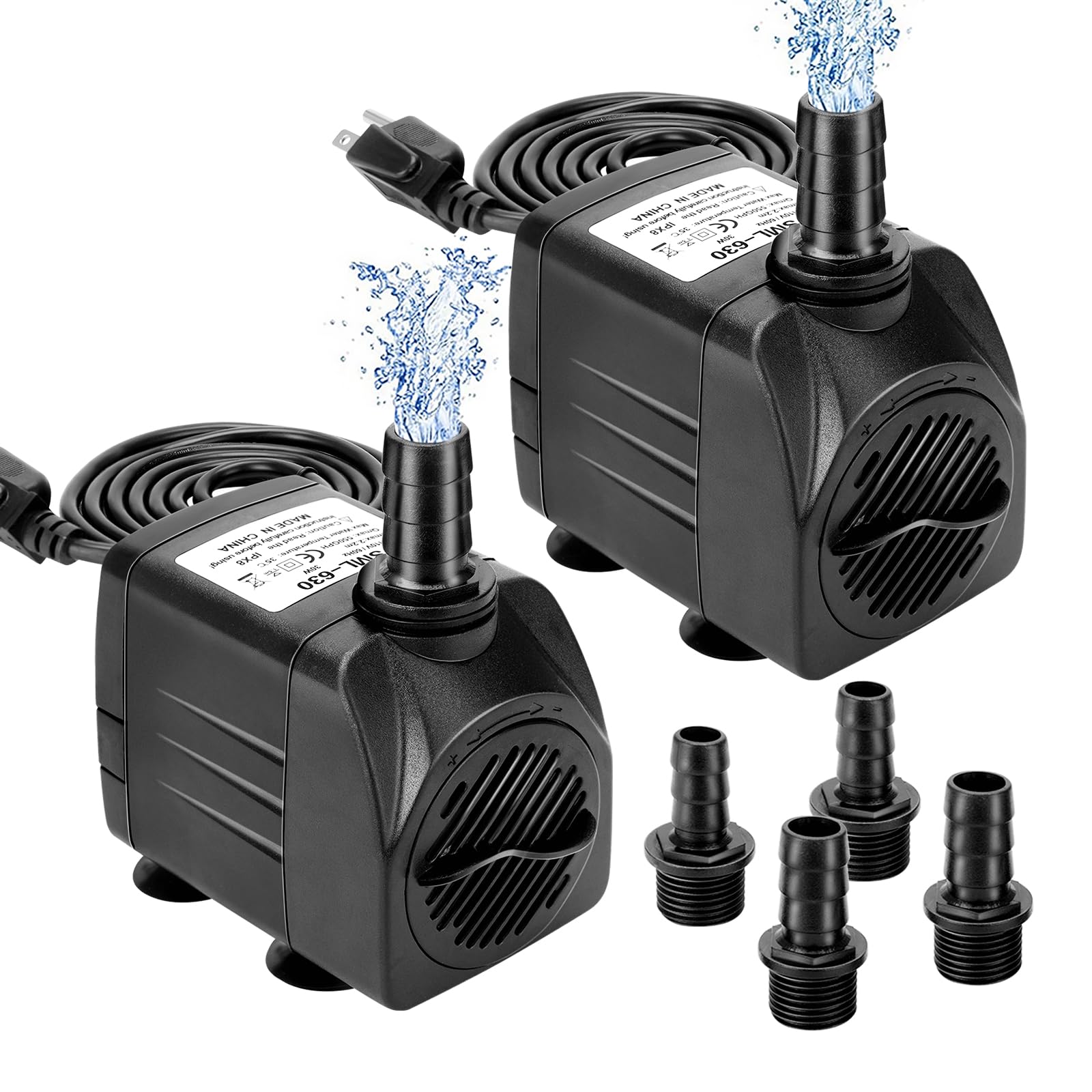 Growneer 2 Packs 550Gph Submersible Pump 30W Ultra Quiet Fountain Water Pump, 2000L/H, With 7.2Ft High Lift, 3 Nozzles For Aquarium, Fish Tank, Pond, Hydroponics, Statuary