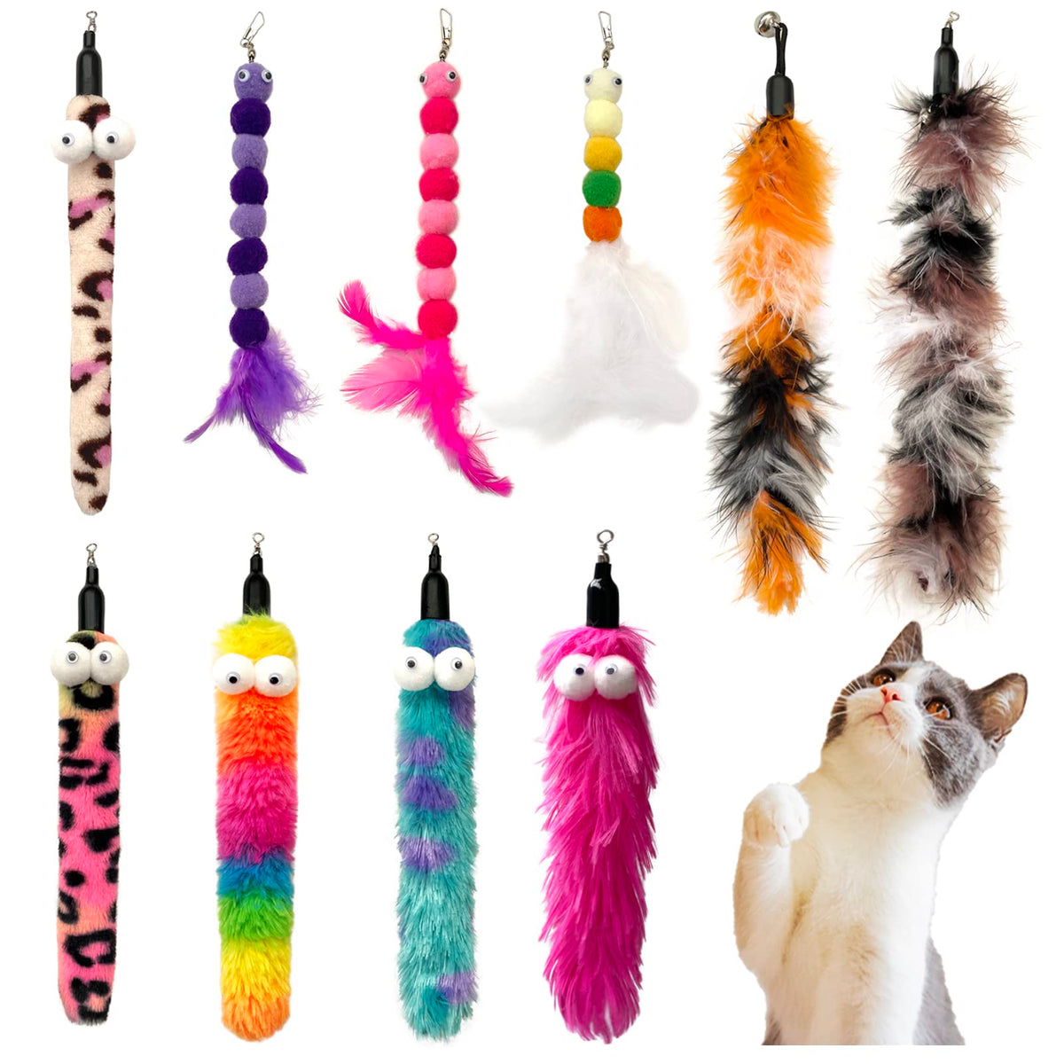 Cat Worm Toy Refills Cats Teaser Toys Cat Fishing Pole Toy Refill Wand Replacement Cat Wand Attachments 10Pcs Cat Worms And Drag