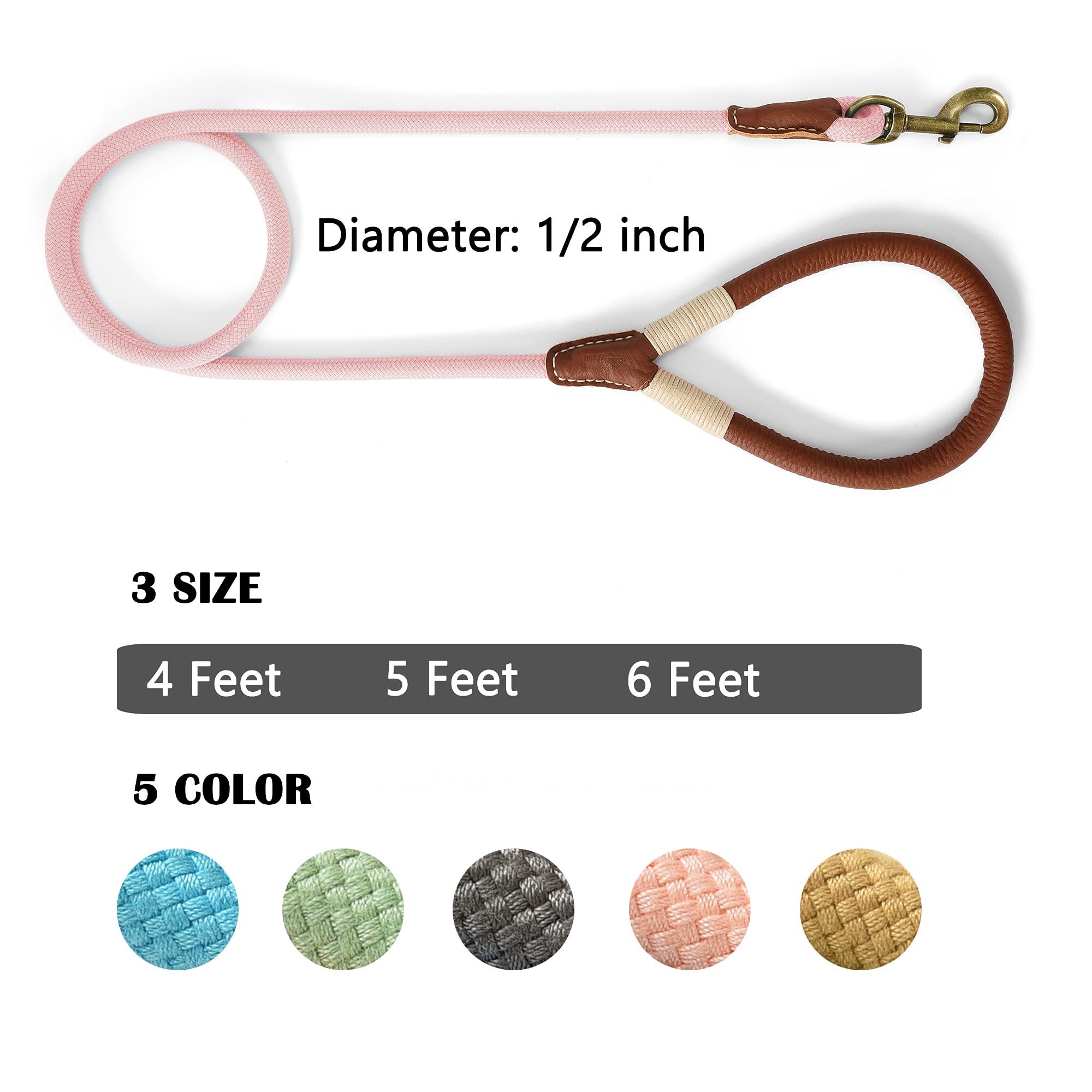 Mile High Life | Premium Leather Dog Leash | Strong Rope Dog Leash | Leather Handle | Heavy Duty Clasp | Small Medium Large Dogs | Diameter 1/2' (Pink, 6 Feet)