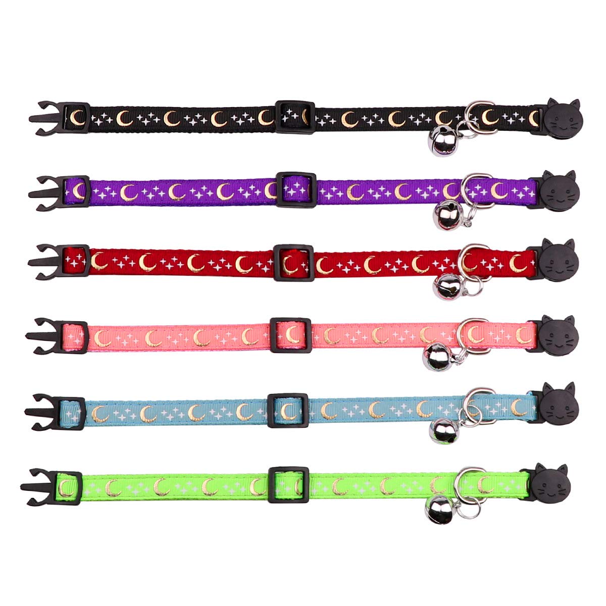 Stpiatue 6 PCS Breakaway Cat Collars with Bell, Nylon, 7.0-10.7 in, Moon Stars, Model STPI20201158