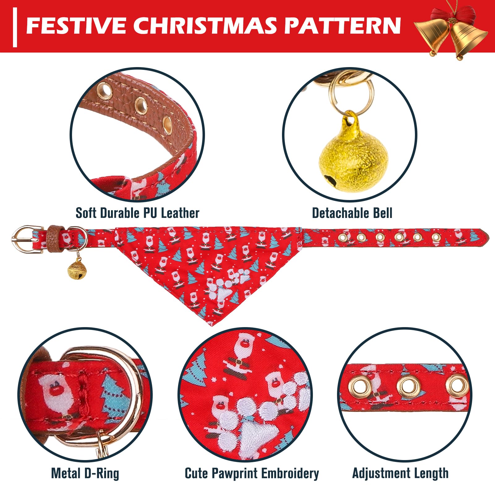 Expawlorer Christmas Collar And Leash Set - Embroidery Pawprints With Bow Tie, Bandana, Bell For Dogs Cats Outdoor Walking, Red