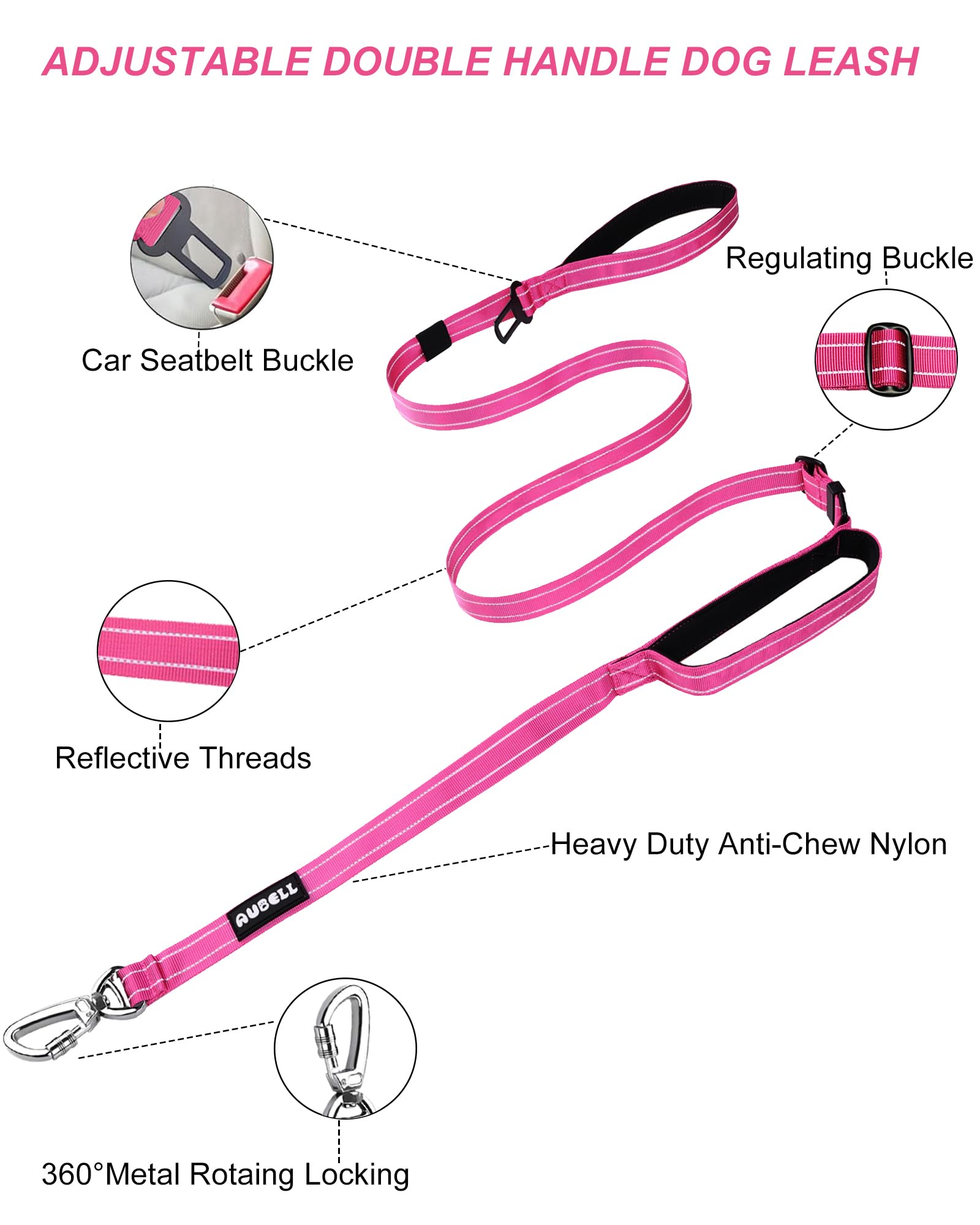 Aubell Double Handle Tactical Dog Leash Heavy Duty For Small And Medium Large Dogs,Reflective Adjustable Nylon Leash That Pull W