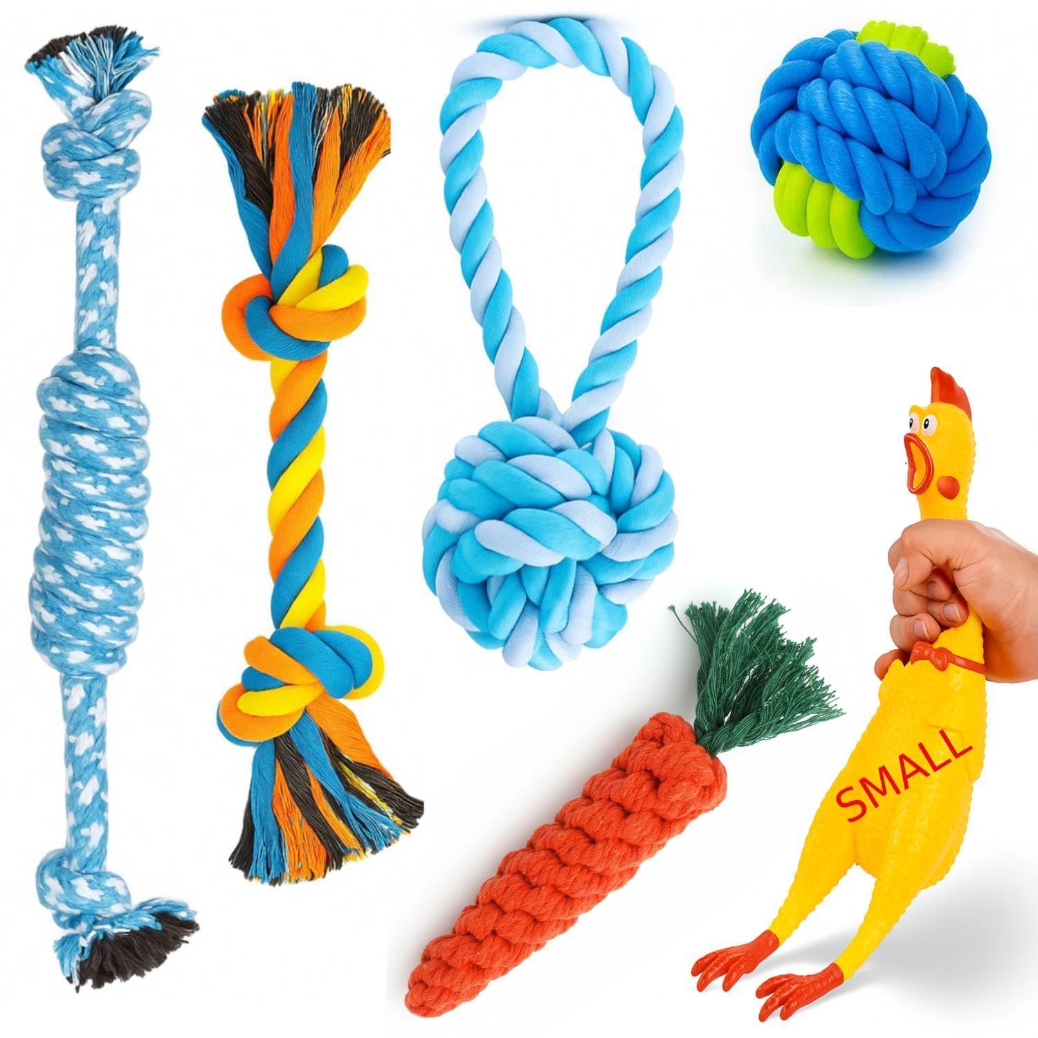 VRINDAVANI PRIMROSE Dog Rope Toys Combo for Small & Medium Dogs | Chew Rope Toy Set with Squeaky Chicken, Carrot Chew & Knot Bal