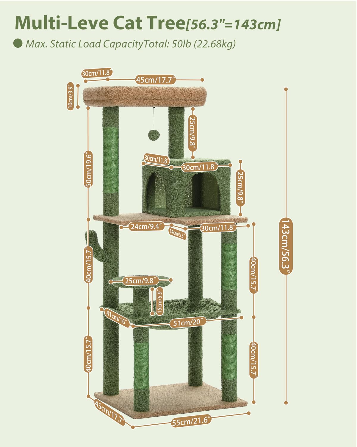 Muttros Cactus Cat Tree For Large Cats With Metal Plush Big Hammock, 56.3'' Cat Tower For Indoor Cats With 2 Door Condo House, 6