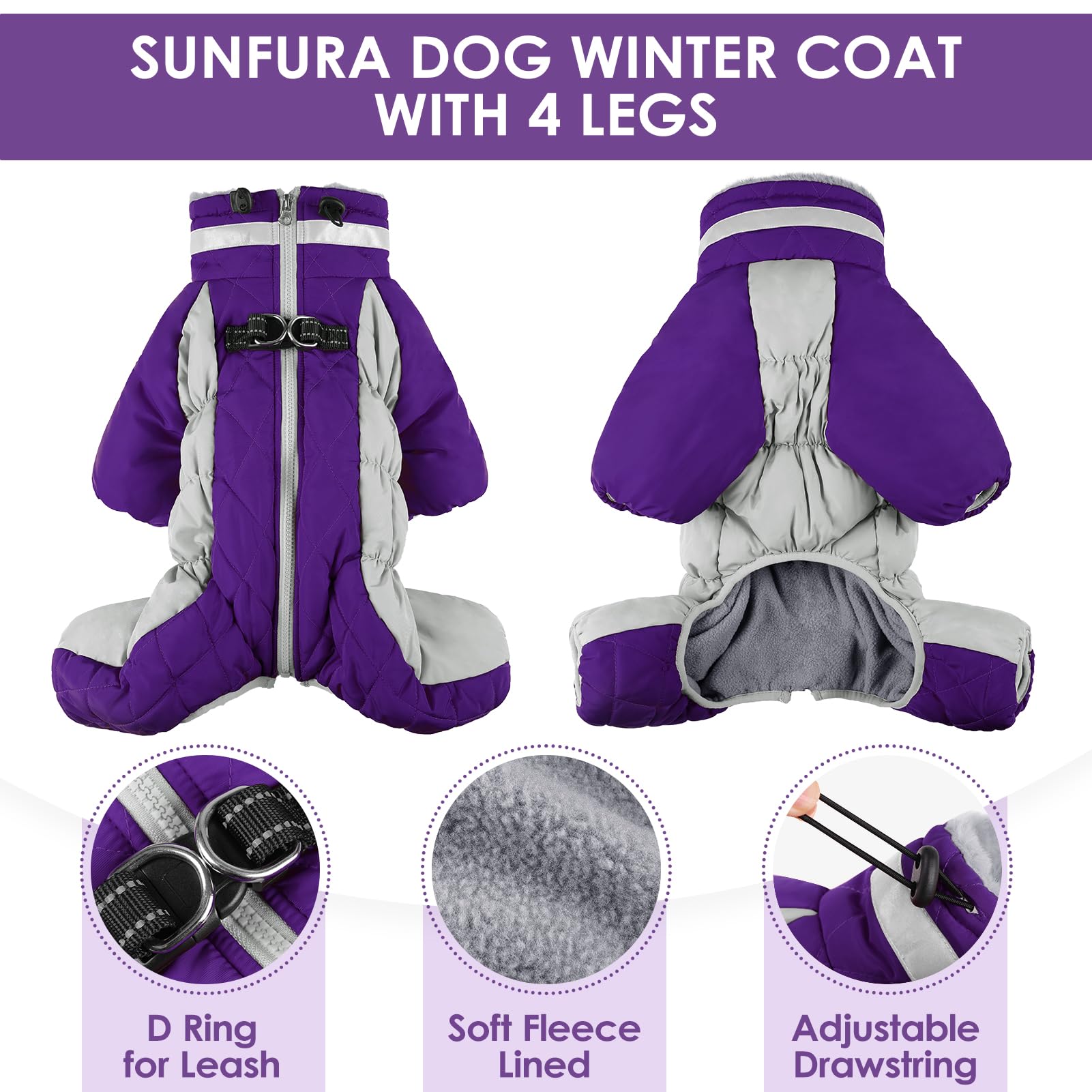 Sunfura Four Legged Dog Coat - Warm Fleece Winter Coat, Reflective Turtleneck Dog Jacket With Harness, Windproof Full Body Pet S