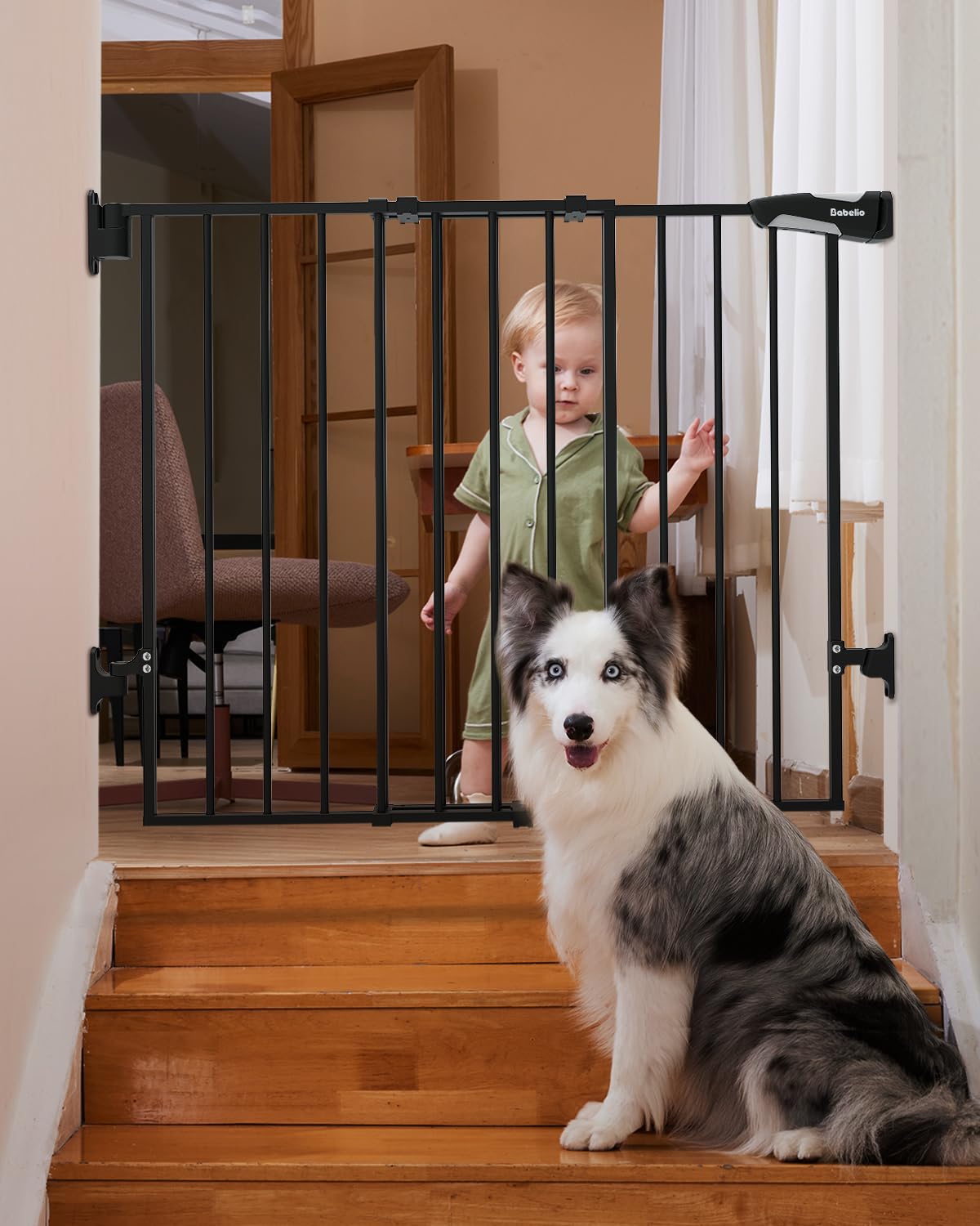 Babelio 26-43' No Bottom Bar Baby Gate For Babies, Elders And Pets, 2-In-1 Hardware Mount Dog Gate For The House, Stairs And Doorways, With Large Walk Thru Door, Black