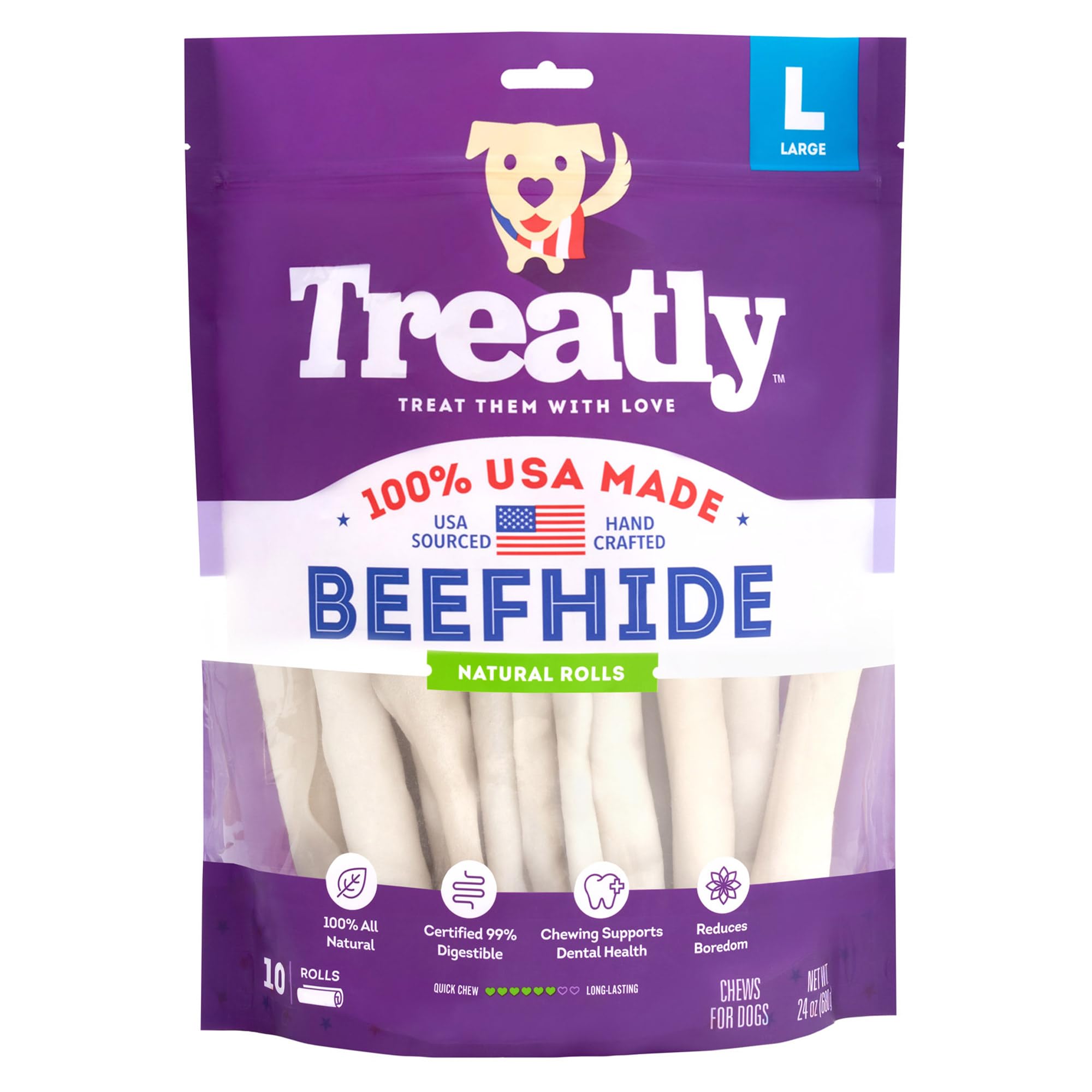 Treatly USA Beefhide Rolls 8-9 Dog Chew Treats - Natural Flavor, 10 Count/1 Pack