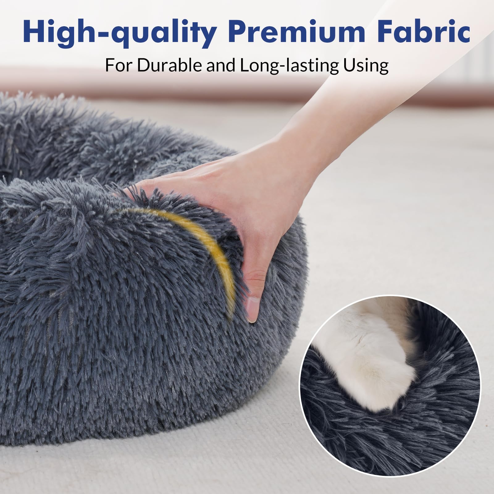 Rabbitgoo Cat Beds For Indoor Cats, 24 Inches Cat Bed Machine Washable, Fluffy Round Pet Bed Non-Slip, Calming Soft Plush Donut Cuddler Cushion Self Warming For Small Dogs Kittens, Dark Grey, Large