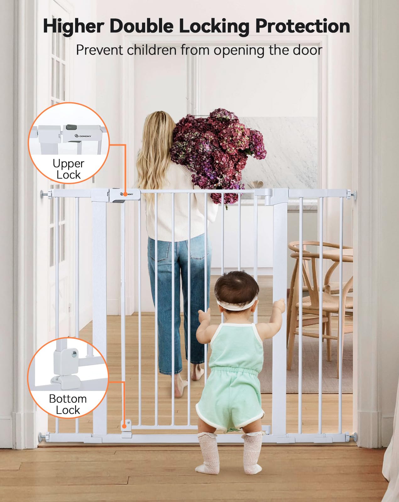 Comomy 36' Extra Tall Baby Gate For Stairs Doorways, Fits Openings 29.5' To 43.3' Wide, Auto Close Sturdy Safety Dog Gate For House, Pressure Mounted Easy Walk Through Pet Gate With Door, White