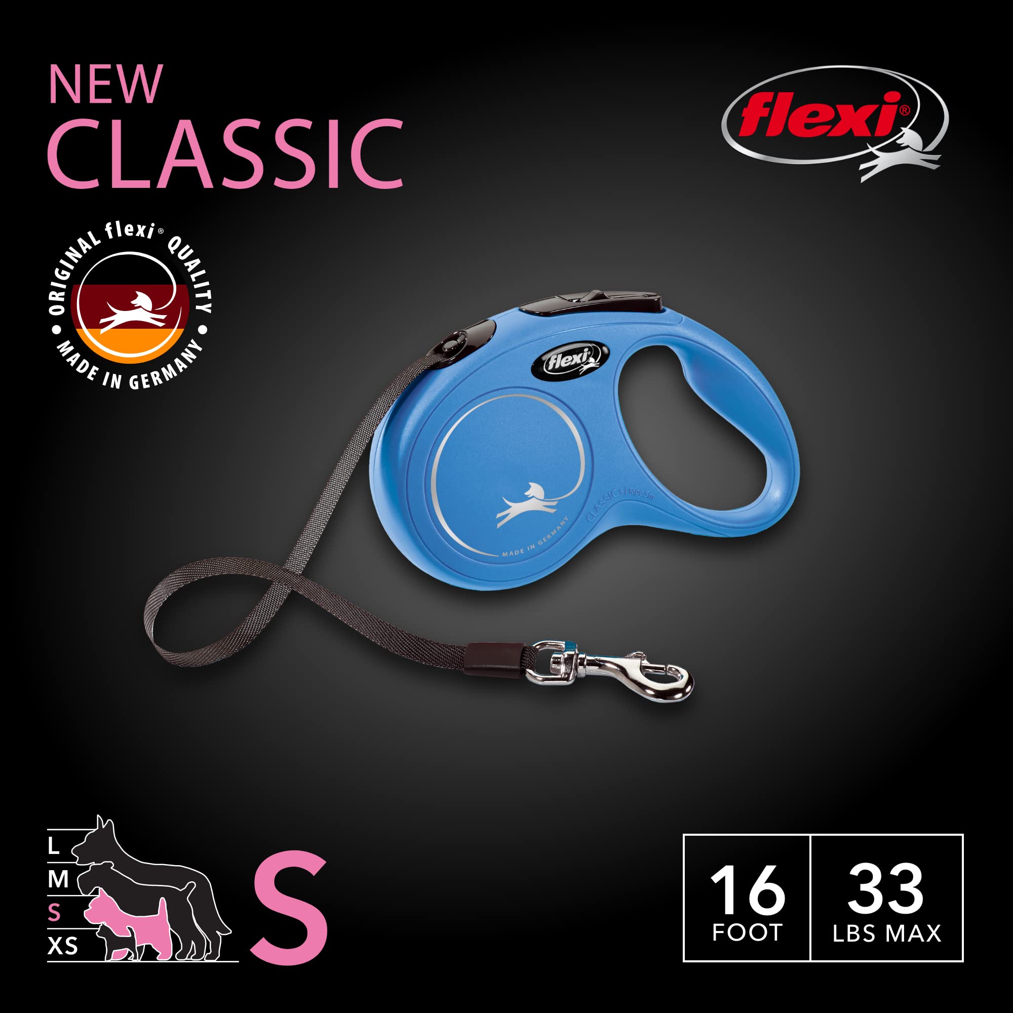FLEXI Retractable Dog Leash, 16ft Tape for Small Dogs up to 33 lbs, Blue, One-Handed Brake & Lock, Model CL10T5.250.BL.20