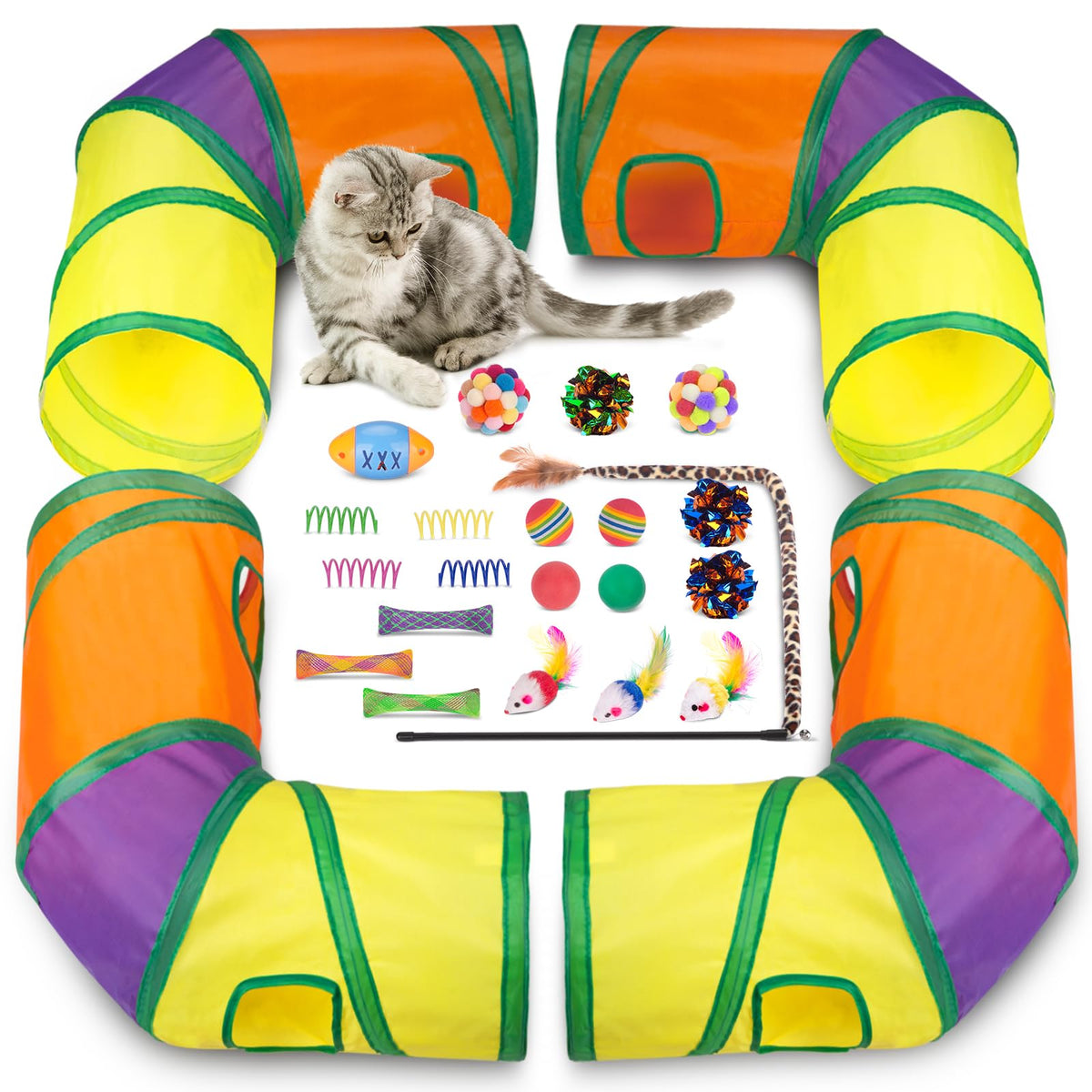Cat Toys 25 Pcs,Kitten Toys For Indoor Cats,4 Collapsible Cat Tunnel Tubes Interactive Feather Teaser Wand Toy For Kitten Cats S