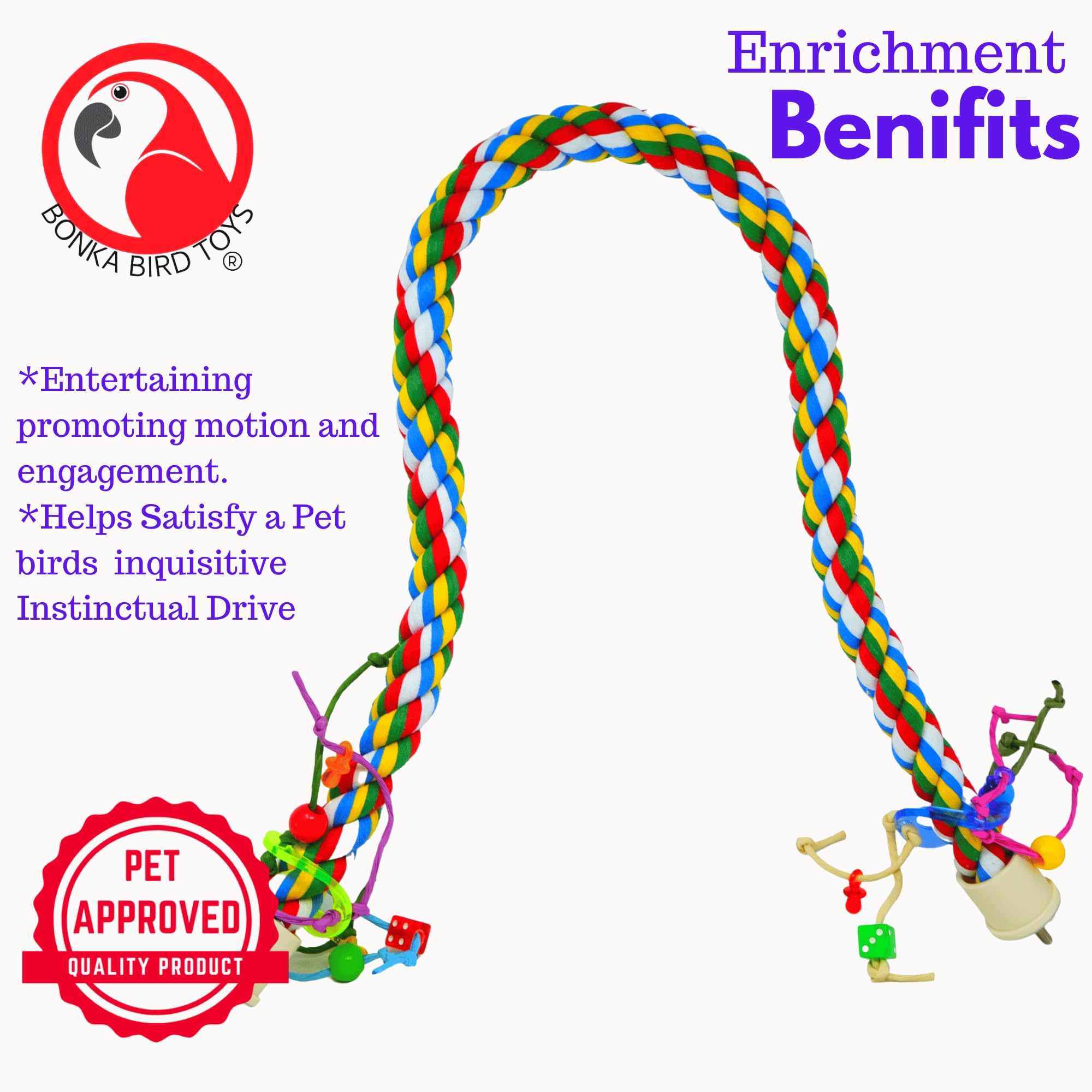 Bonka Bird Toys 1114 Huge Rope Charm Perch (48'' X 1.25'') Parrot Cage Toy, Amazon,Macaw, Cockatoo, And Similar