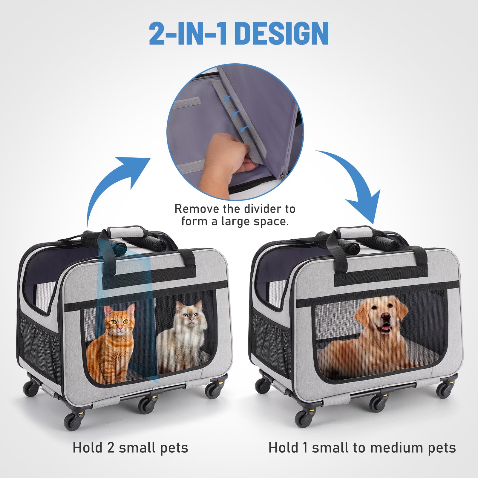 Hovono Extra Large Double Pet Carrier With Wheels For Small Dogs And All-Breed Cats, Cat Rolling Carrier For 2 Cats, Support Up