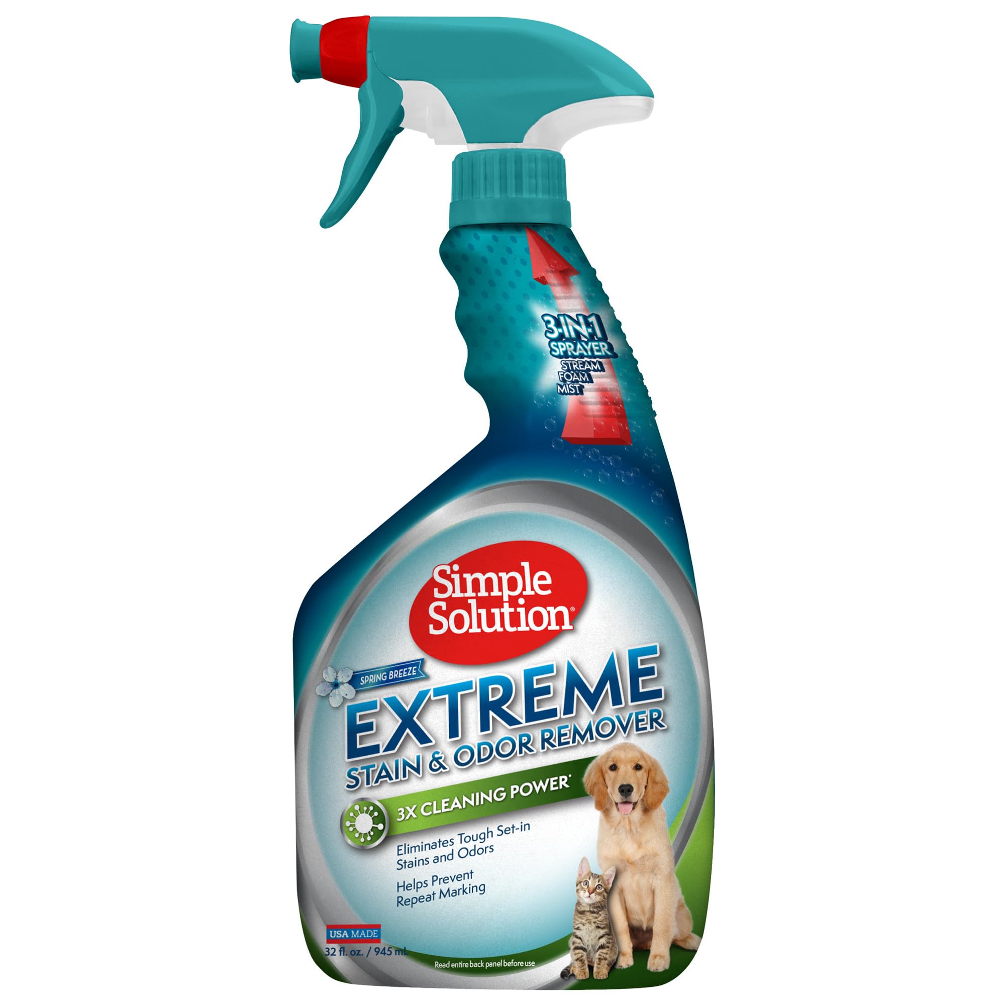 Simple Solution Extreme Pet Stain And Odor Eliminator Spray For Dogs And Cats - Enzymatic Cleaner With 3X Pro-Bacteria Cleaning Power - Strong Urine Pee & Poop Stain Remover - Spring Breeze, 32 Oz