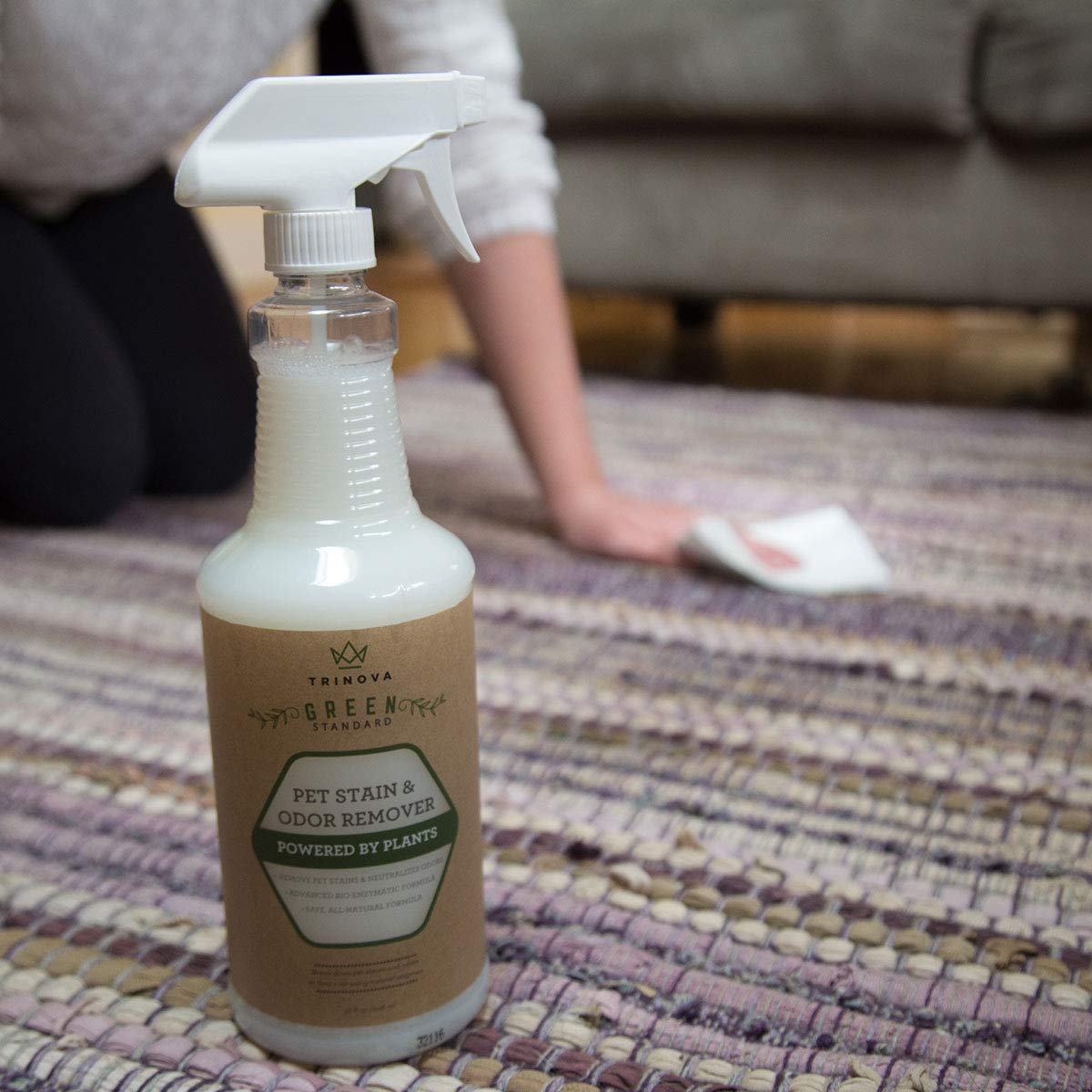 Trinova Natural Pet Stain And Odor Remover Eliminator - Advanced Enzyme Cleaner Spray - Remove Old & New Pet Stains & Smells For Dogs & Cats - All-Surface Safe - 32 Oz