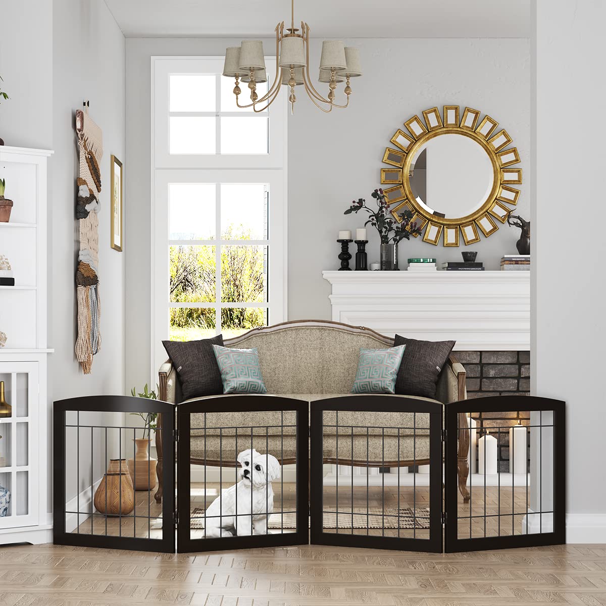 Pawland Dog Gate For The House Doorway Stairs Foldable Freestanding Indoor Pet Gate For Dogs Wooden Puppy Safety Fence 80' Wide 24' Height 4 Panels, Espresso
