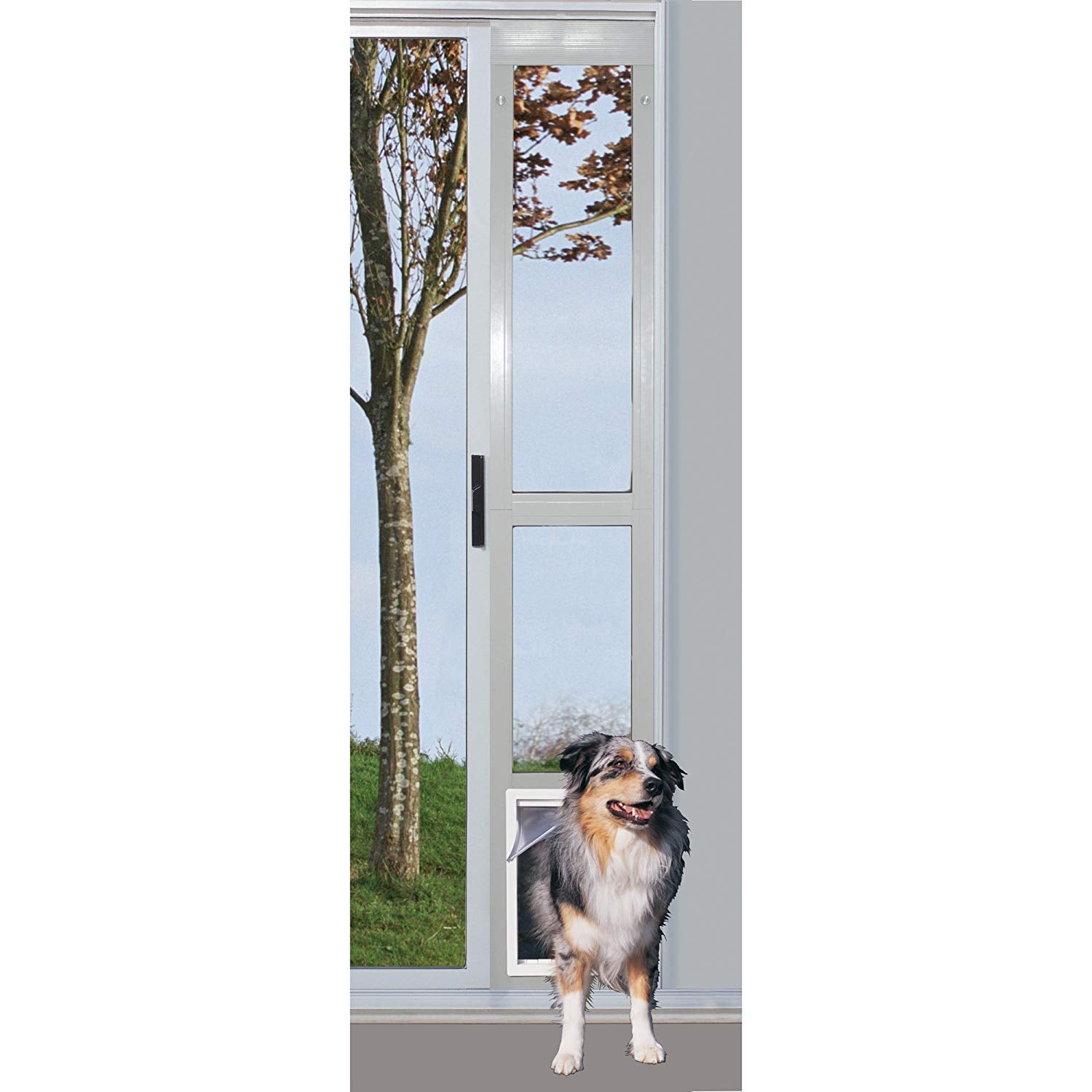 Ideal Pet Products Modular Aluminum Pet Patio Door With Single Pane Glass And Clear Flexible Flap. Fits Up To 1” Aluminum Patio Track Width Only, Extra Large, White