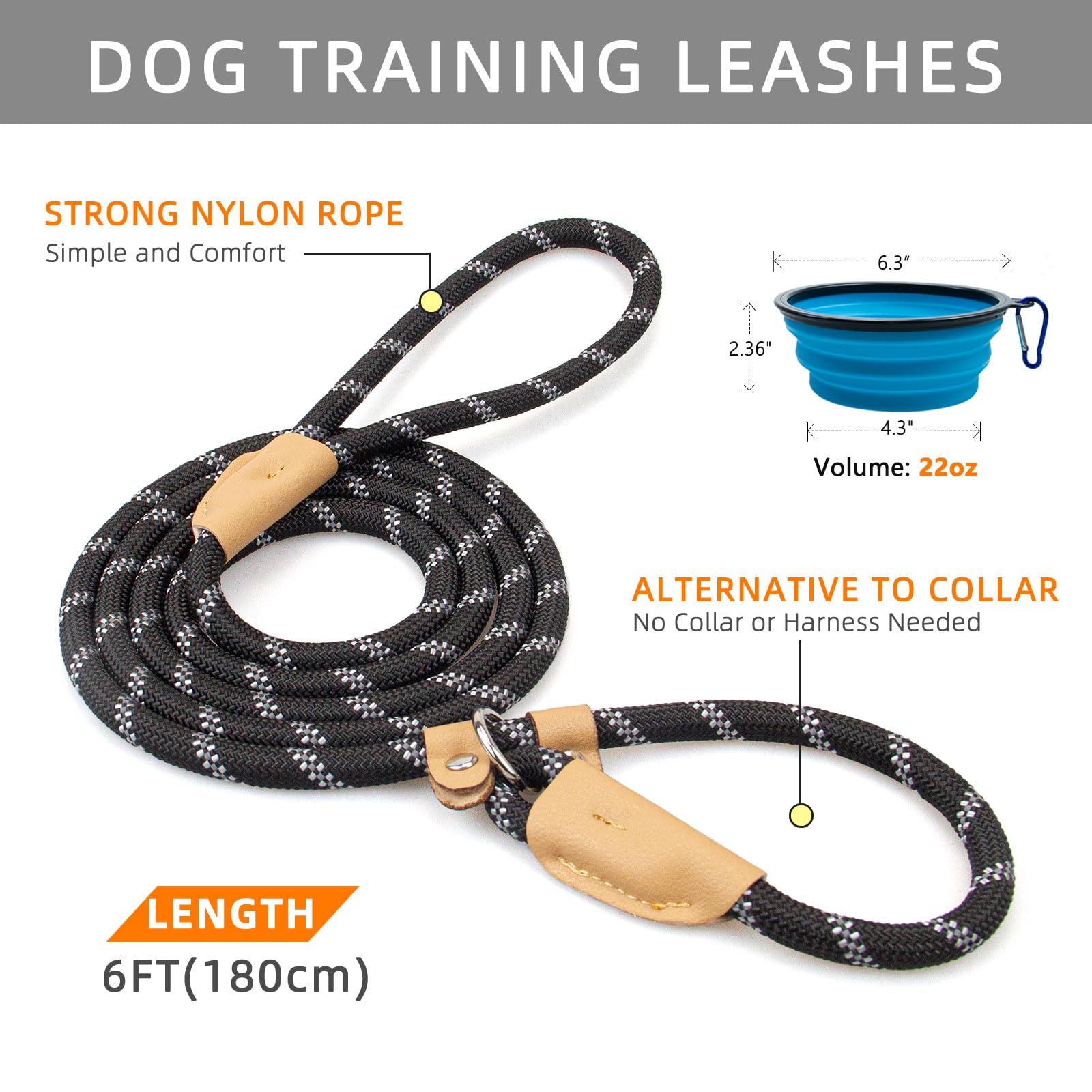 Poupua 3/8' X 6 Ft Durable Slip Leads For Dogs, Heavy Duty Strong Rope Slip Leash For Large, Medium Dogs No Pull Training Leash