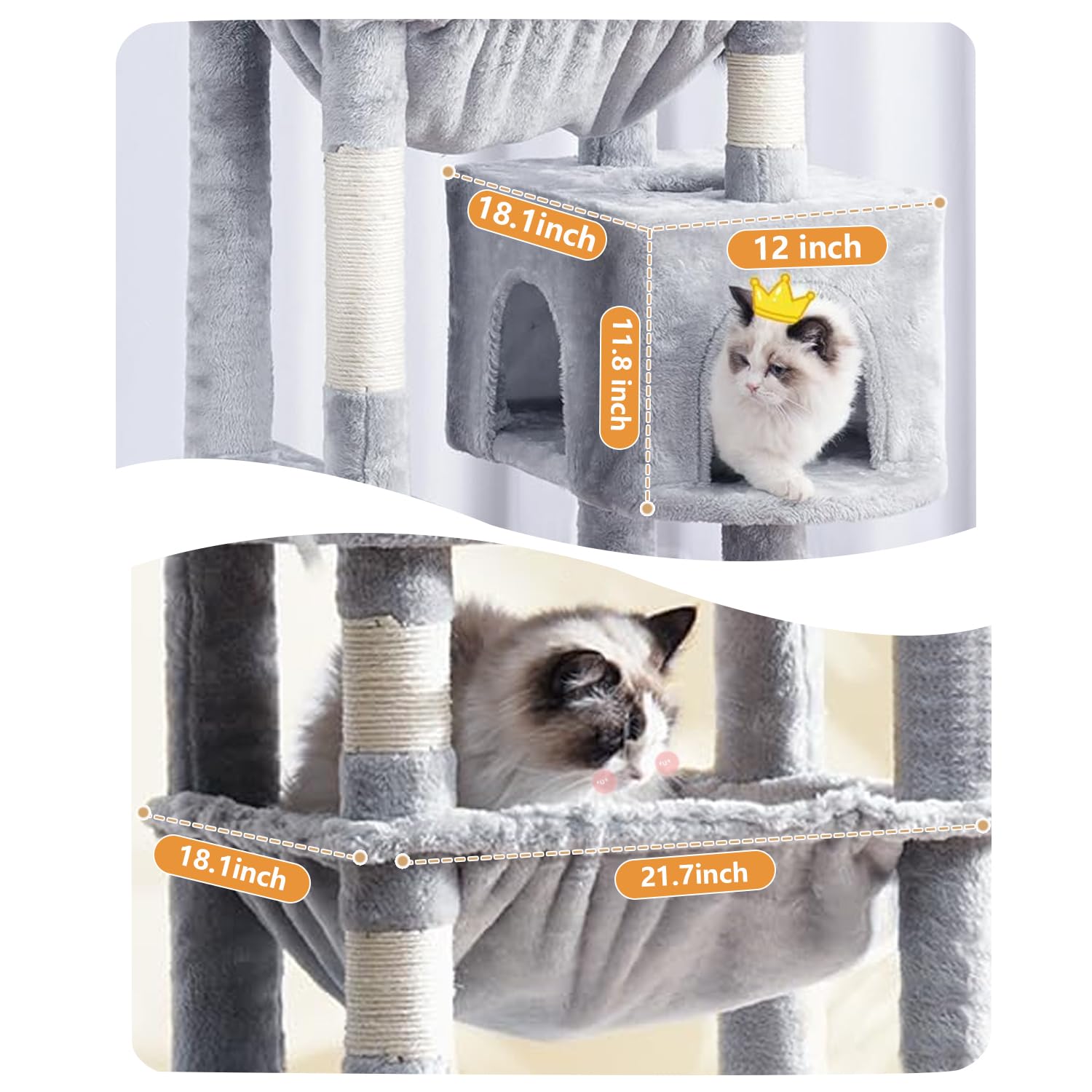 64 Inches Multi-Level Large Cat Tree Tower with Cat House for Indoor Cats/Cozy Perches/Cat Condo/Sisal Scratching Posts/Hammock/